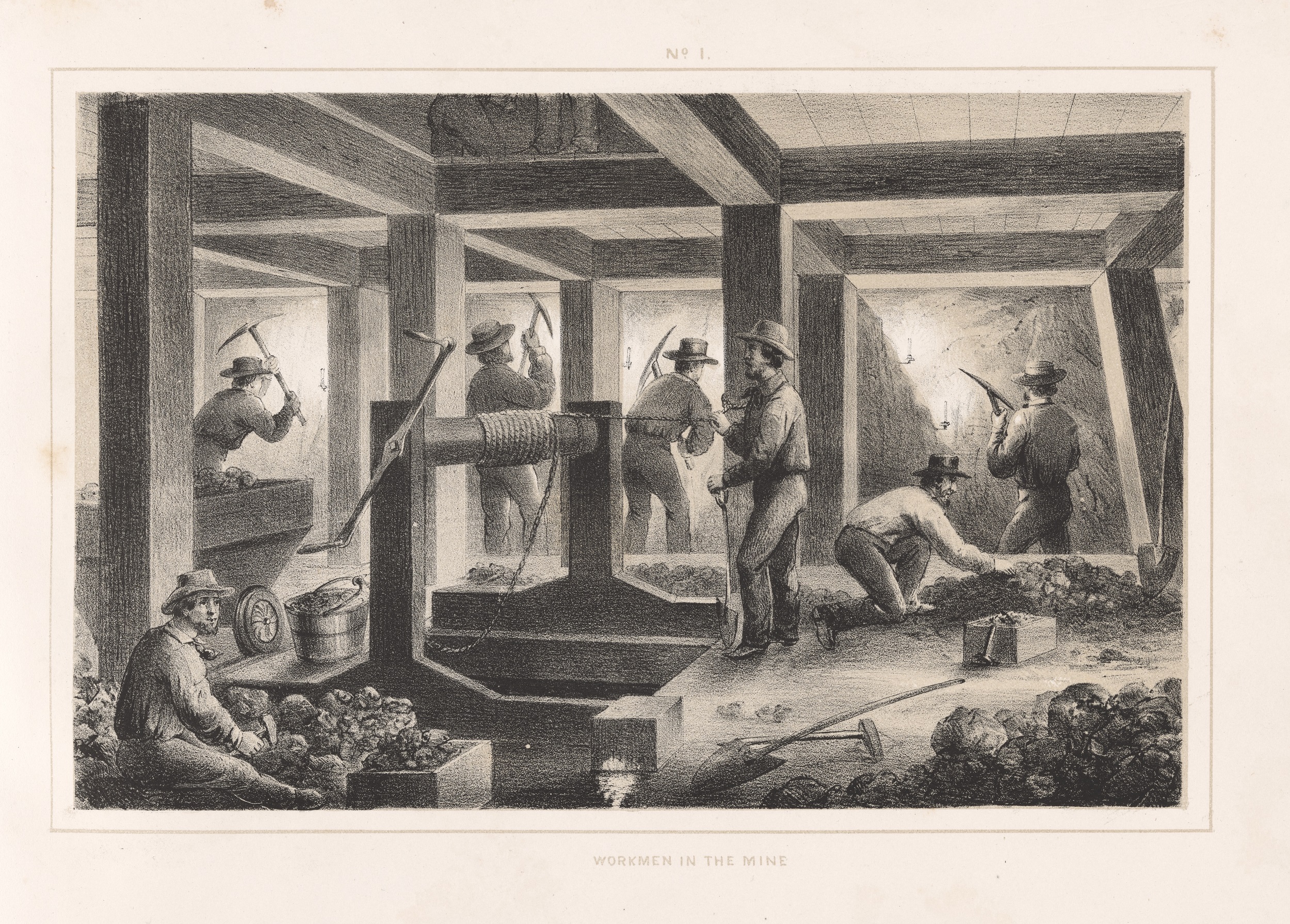 Black-and-white lithograph of seven men working the subterranean area of a mine with pickaxes. A large windlass is in the center.