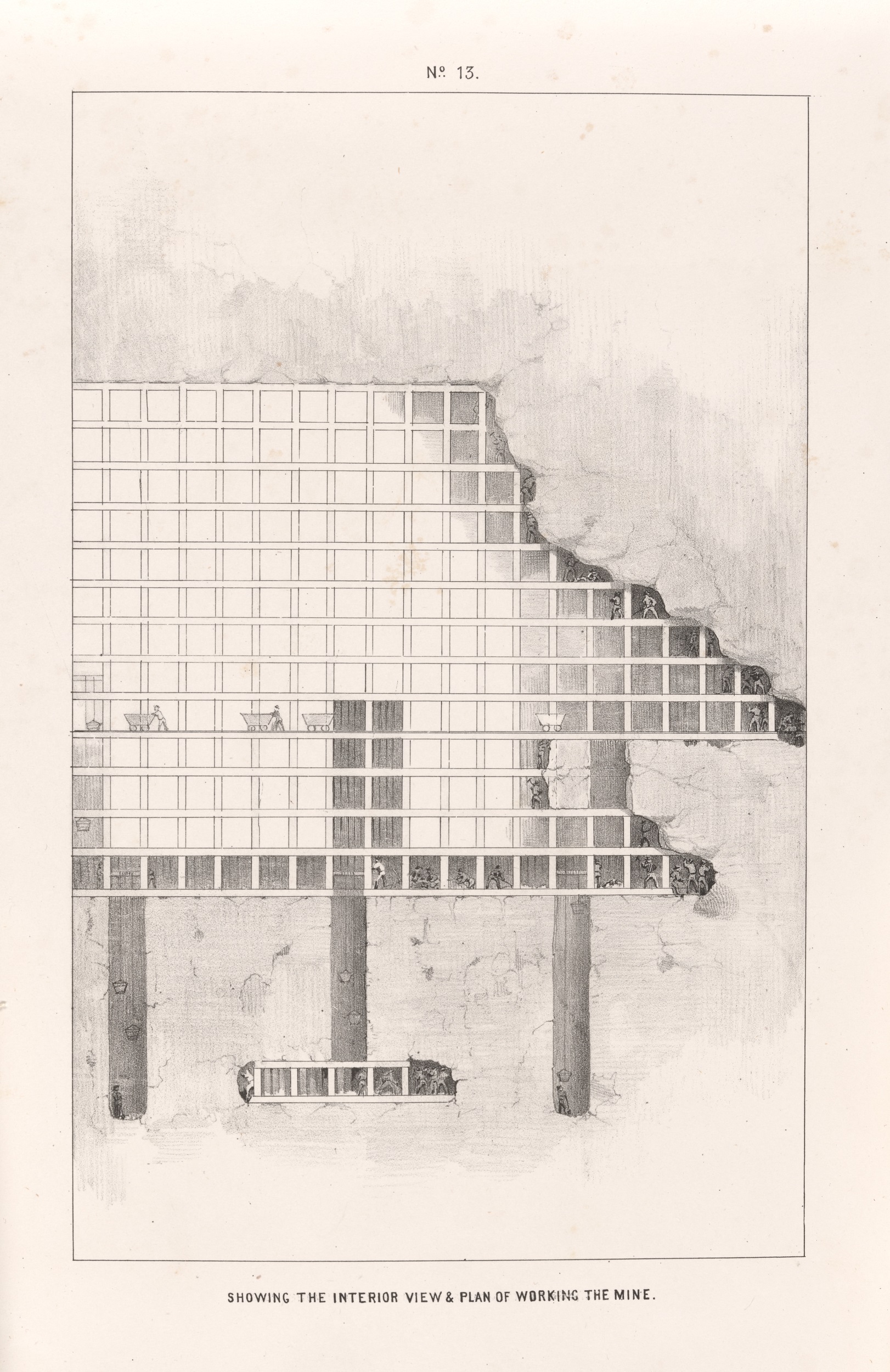 Black-and-white lithograph showing cross-section of the honeycomb-style timber supports for a mine.