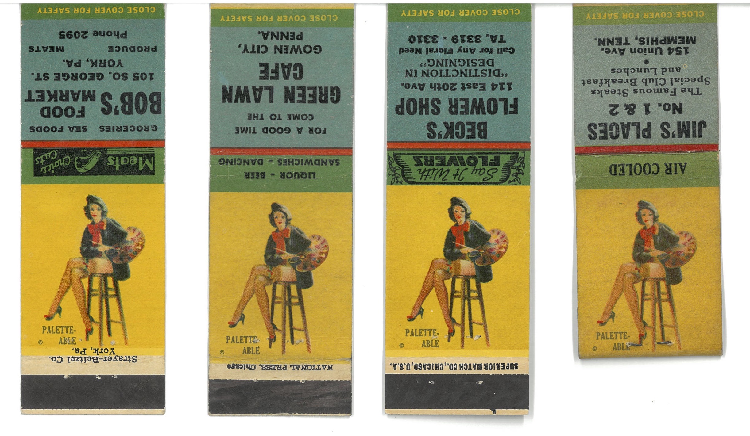 Four unfolded matchbooks, each showing the image from fig. 6 along with an advertisement for different businesses.