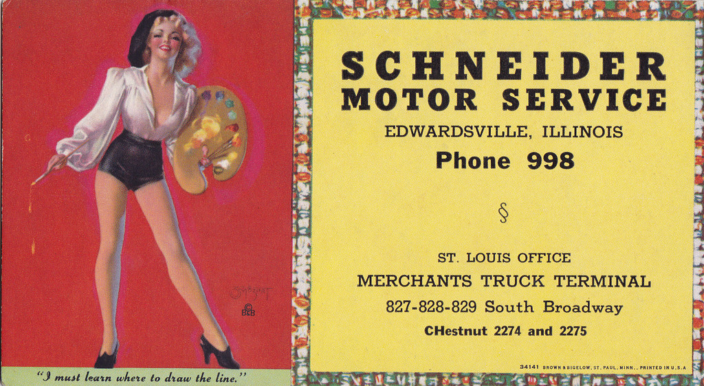 The same image as in figure 3a, set to the left of an advertisement for Schneider Motor Service, Edwardsville, Illinois