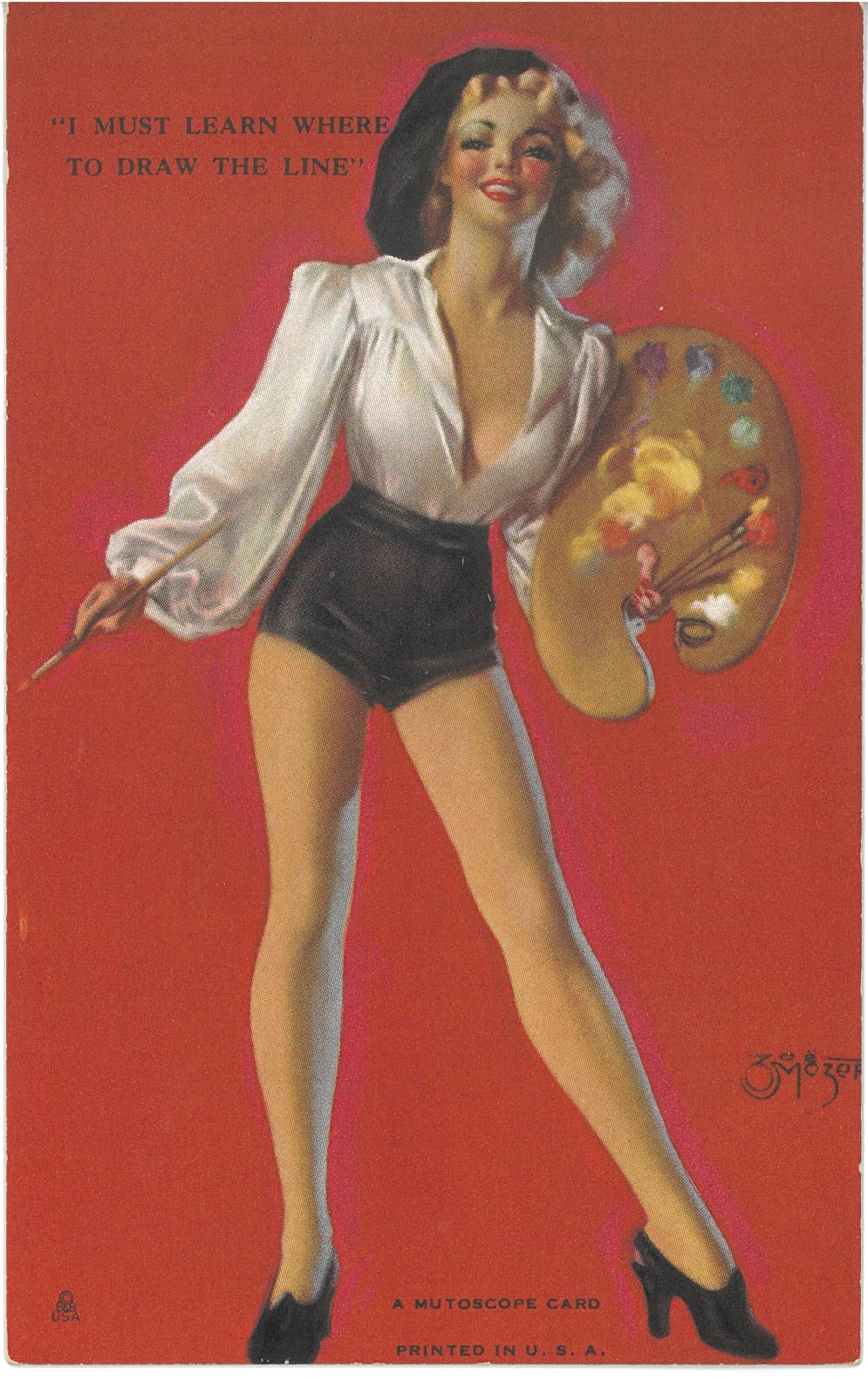 Painting of a blonde woman against a blank red background. The woman wears tight black shorts, a low-cut white blouse, and a beret and is holding a paint palette and brush.