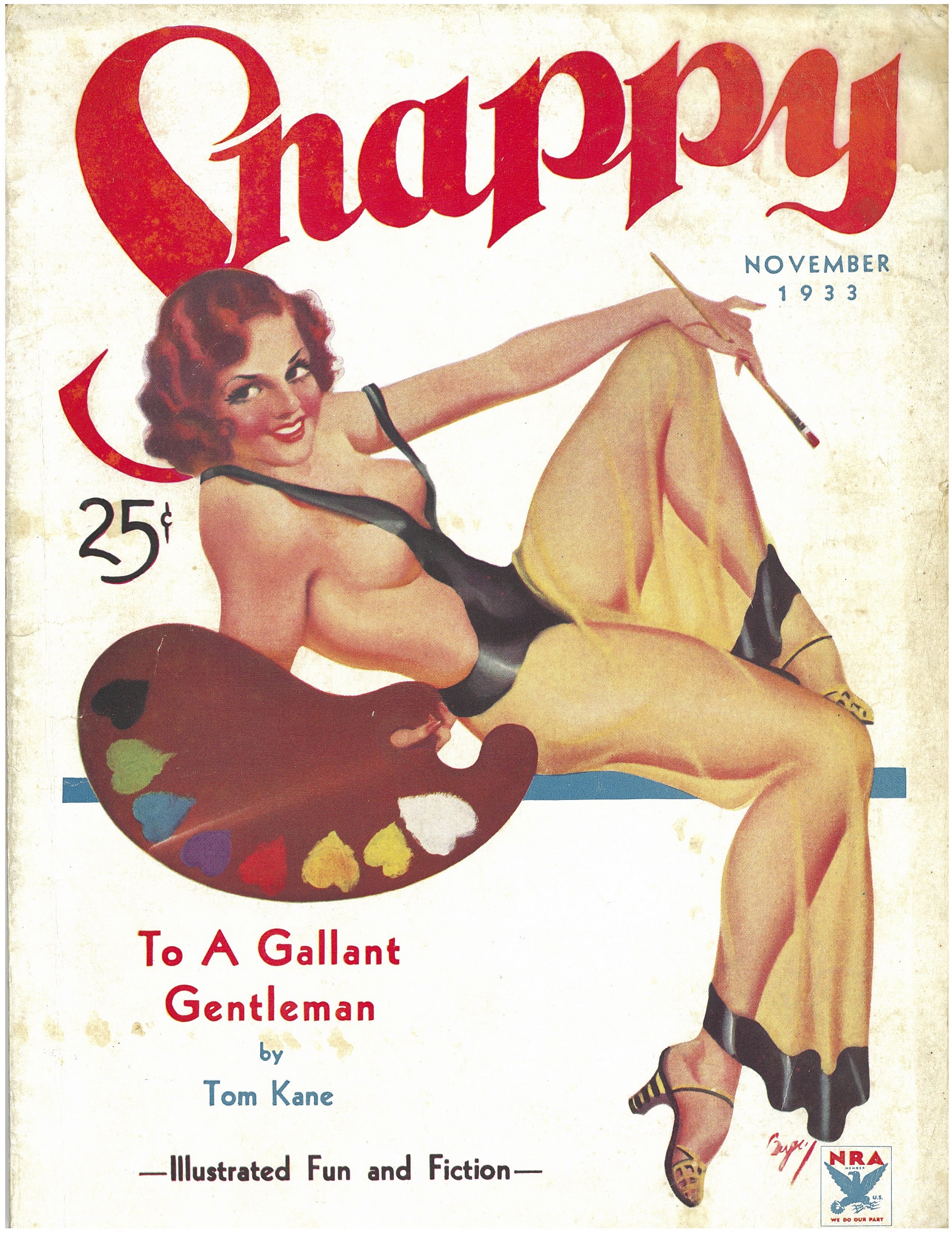 Cover of "Snappy" Magazine, showing a reclining woman in a sheer negligee holding a palette and paintbrush. Text beneath the palette reads "To a Gallant Gentleman / by Tom Kane"