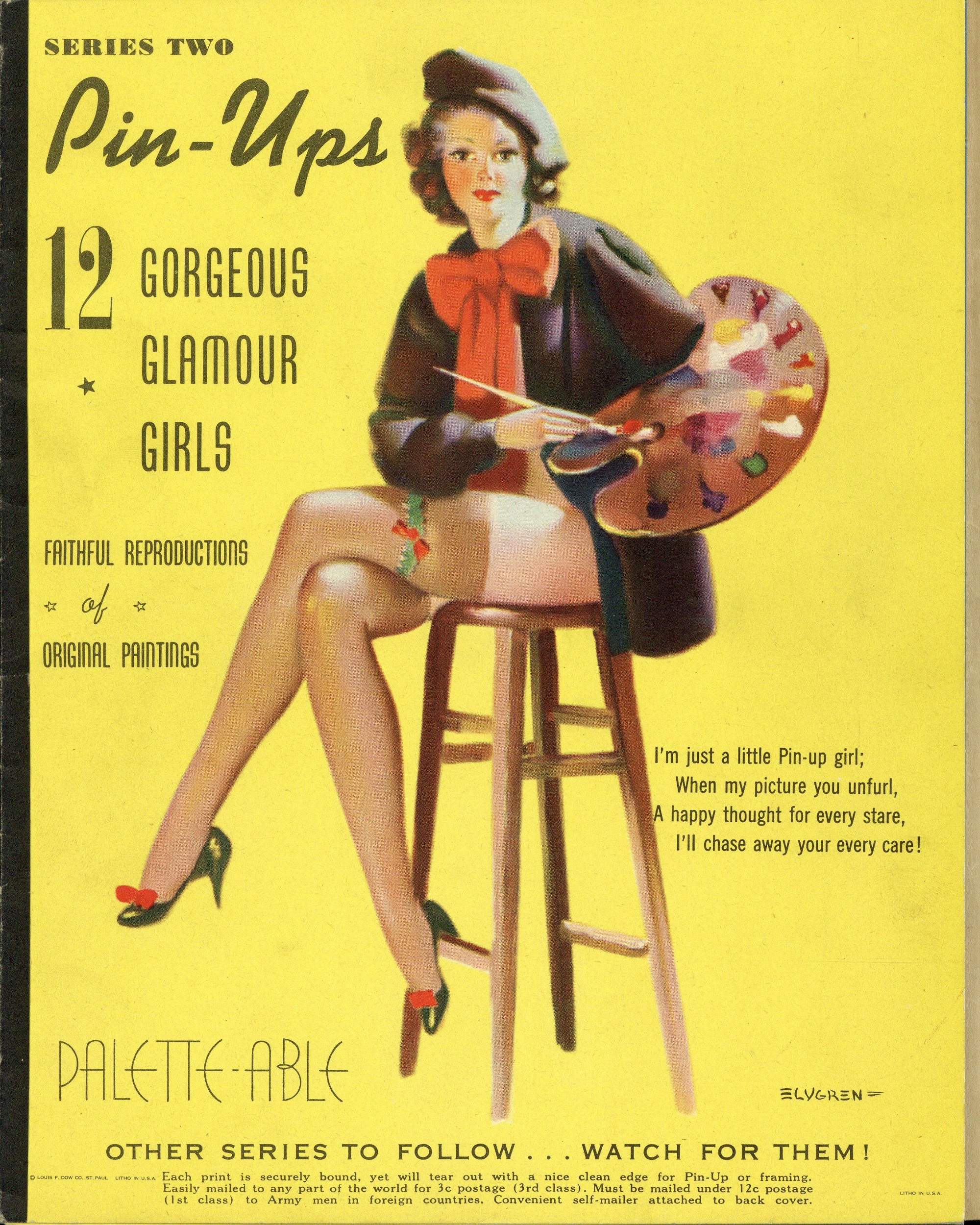 Cover of "Pin-Ups" magazine, showing a woman against a yellow background, seated on a stool, wearing thigh-high stockings, a black smock with a red bow, and a beret, holding a painter's palette and paintbrush.