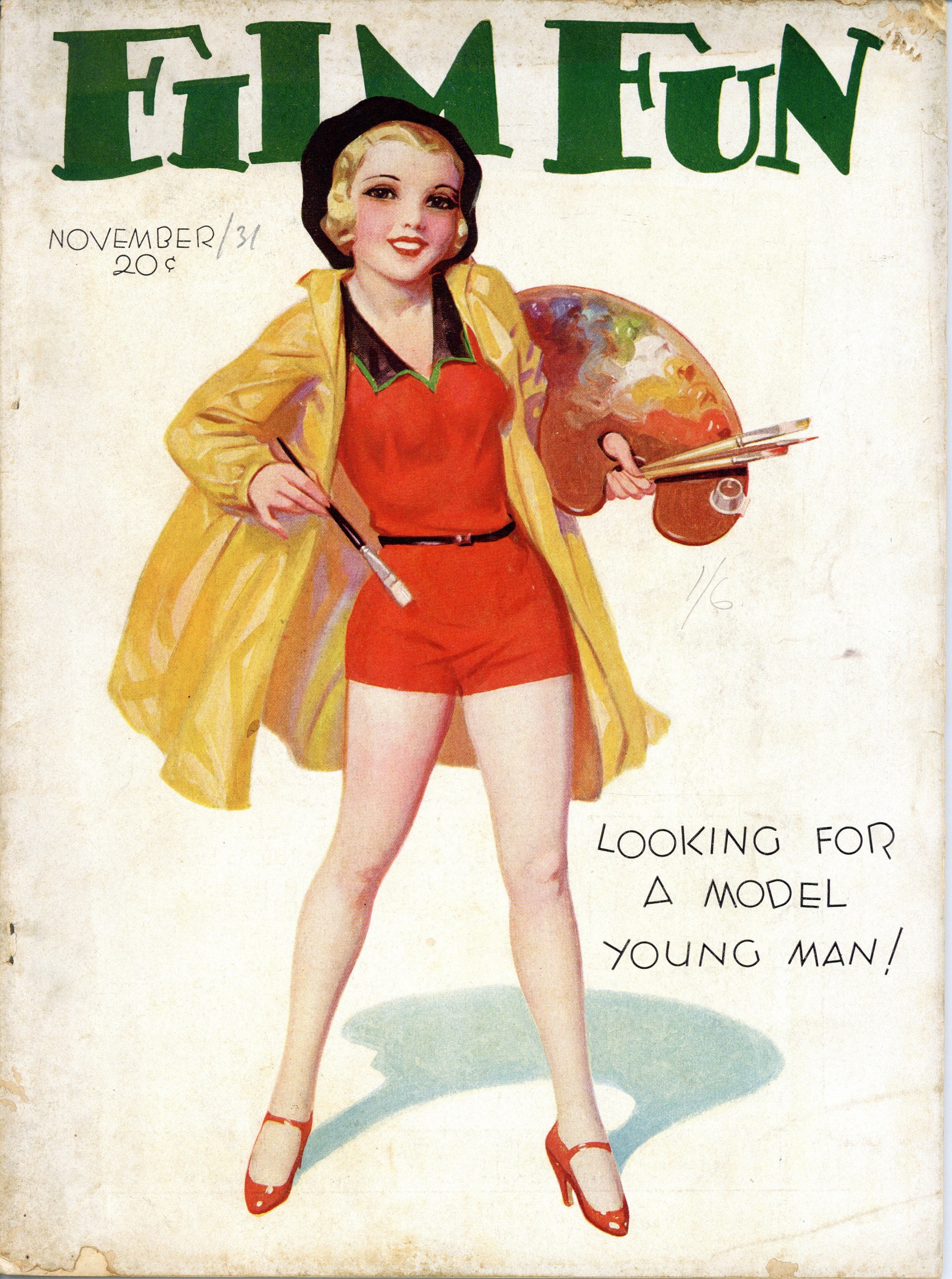 Cover of "Film Fun" Magazine, showing a blonde woman in a short red playsuit, smock, and beret, holding a palette and brushes. Text next to her reads "Looking for a Model Young Man!"