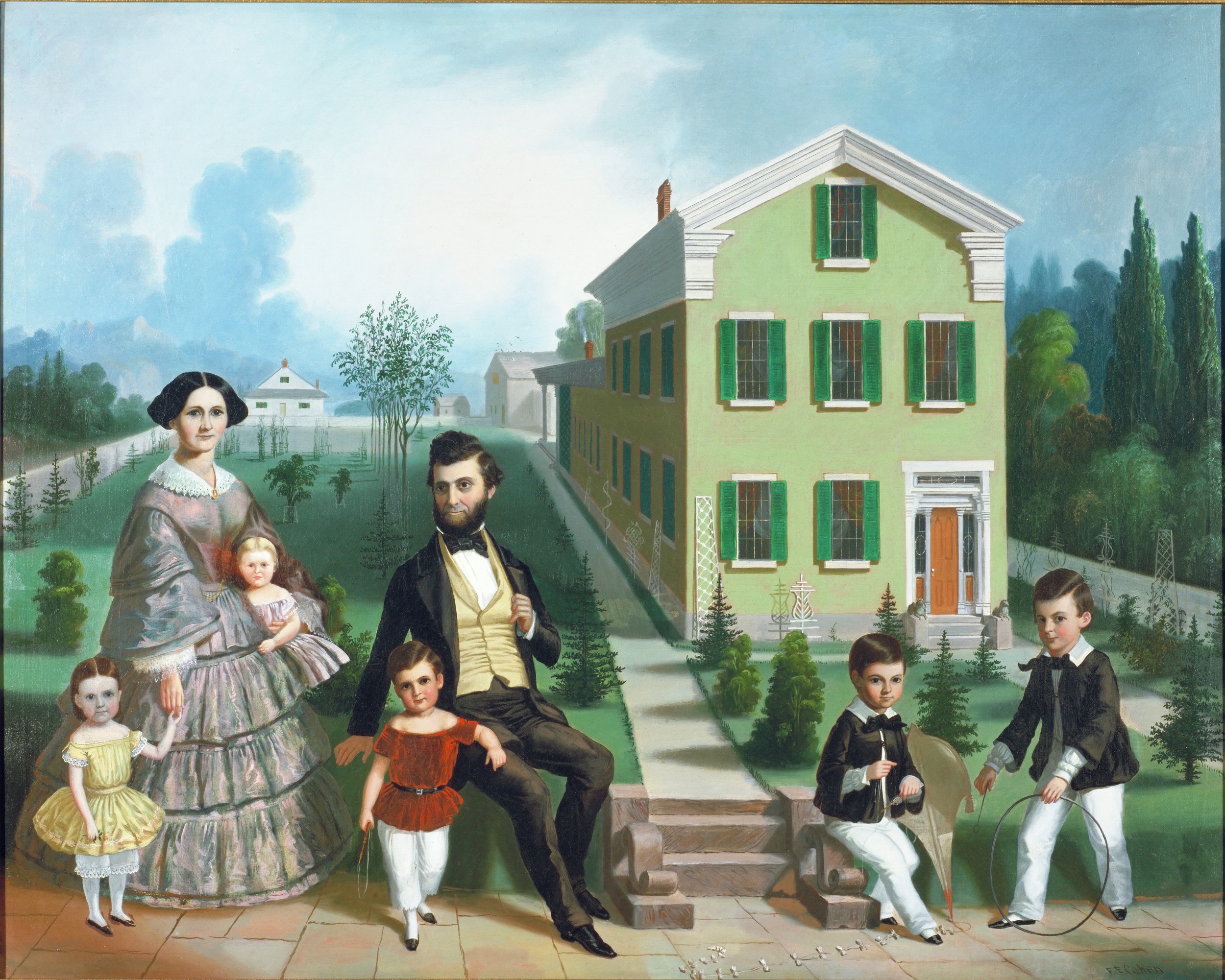 Oil painting of a Euro-American man and woman with five small children in front of a green Greek Revival house in a landscape