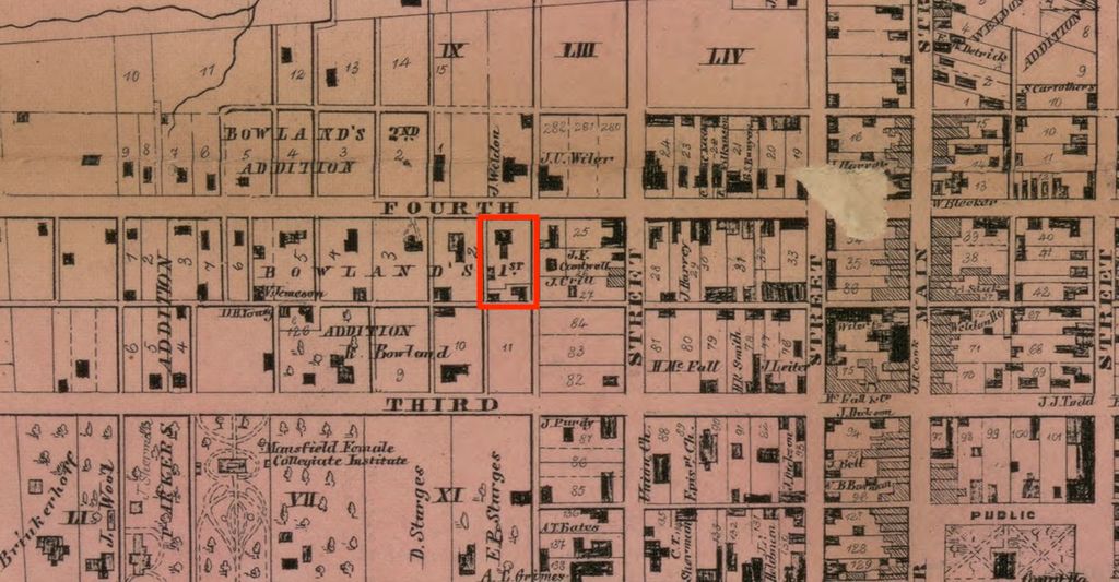 Black-and-white street map showing a property labeled "1st" bordered in red, in between Fourth and Third Streets