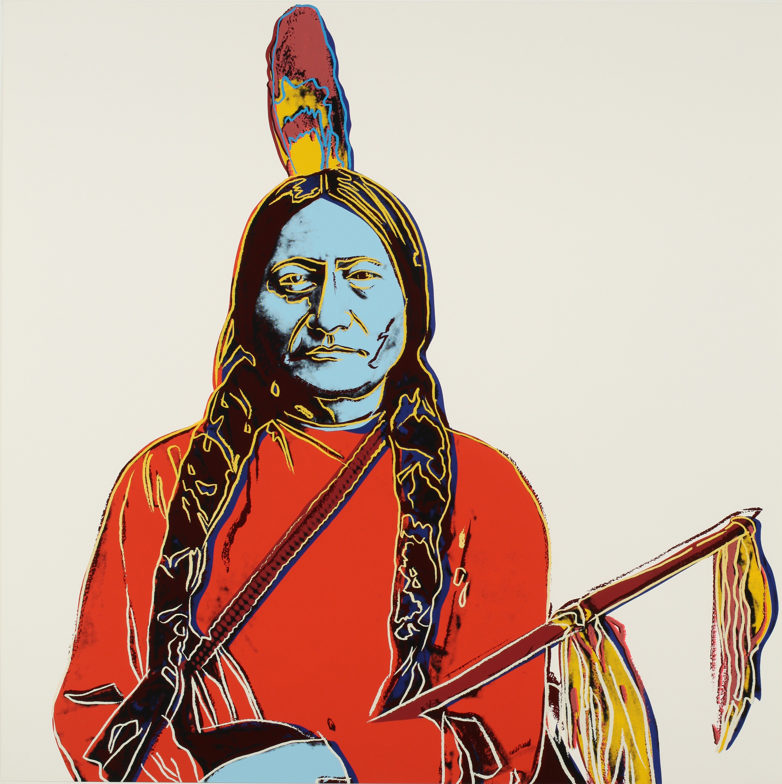 Colorful screen print of a Native American man with two long braids seen from the waist up, wearing a red tunic and a single feather on his head.