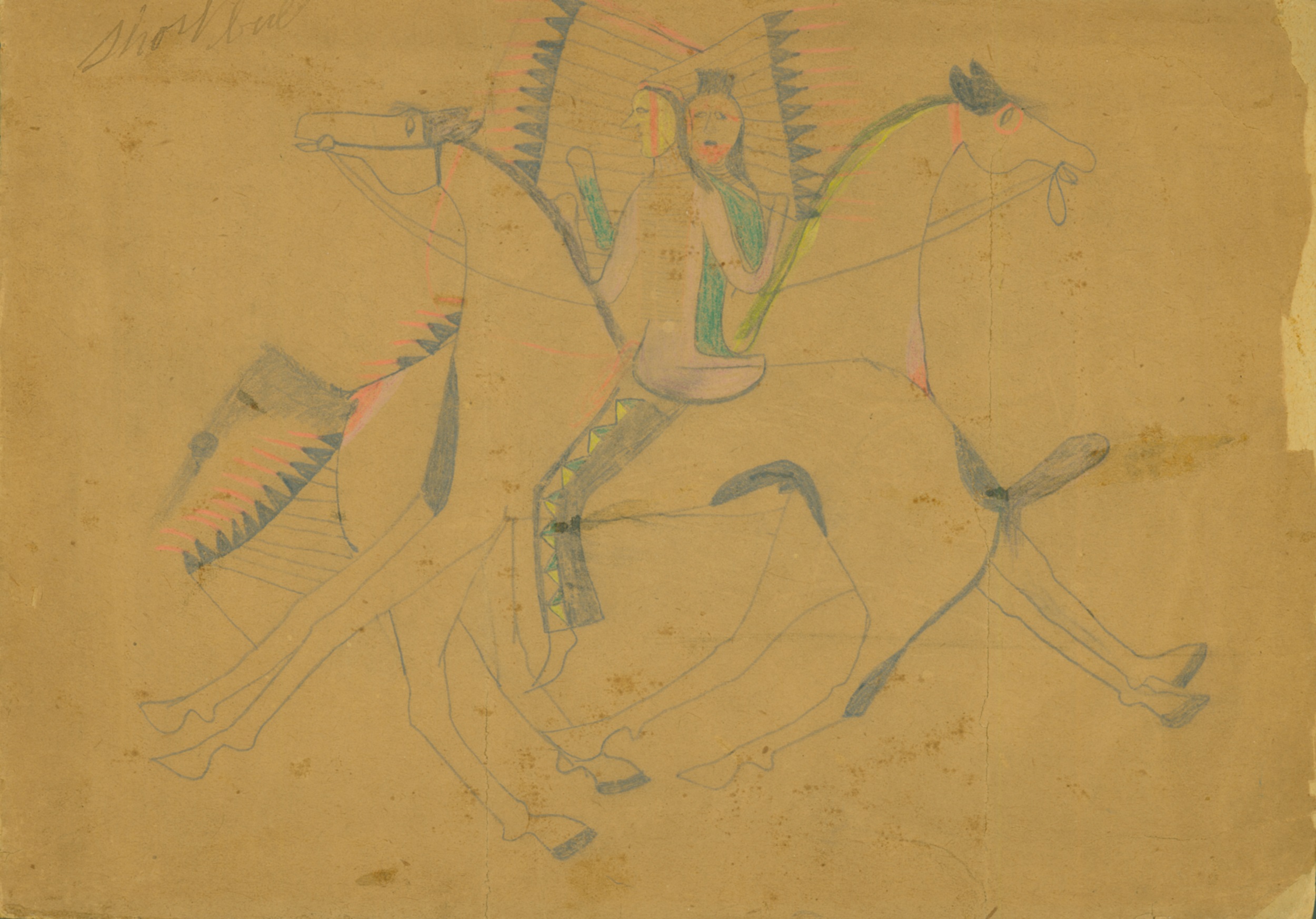 Drawing on brown paper of two figures in feather headdresses on horses, each facing the opposite way