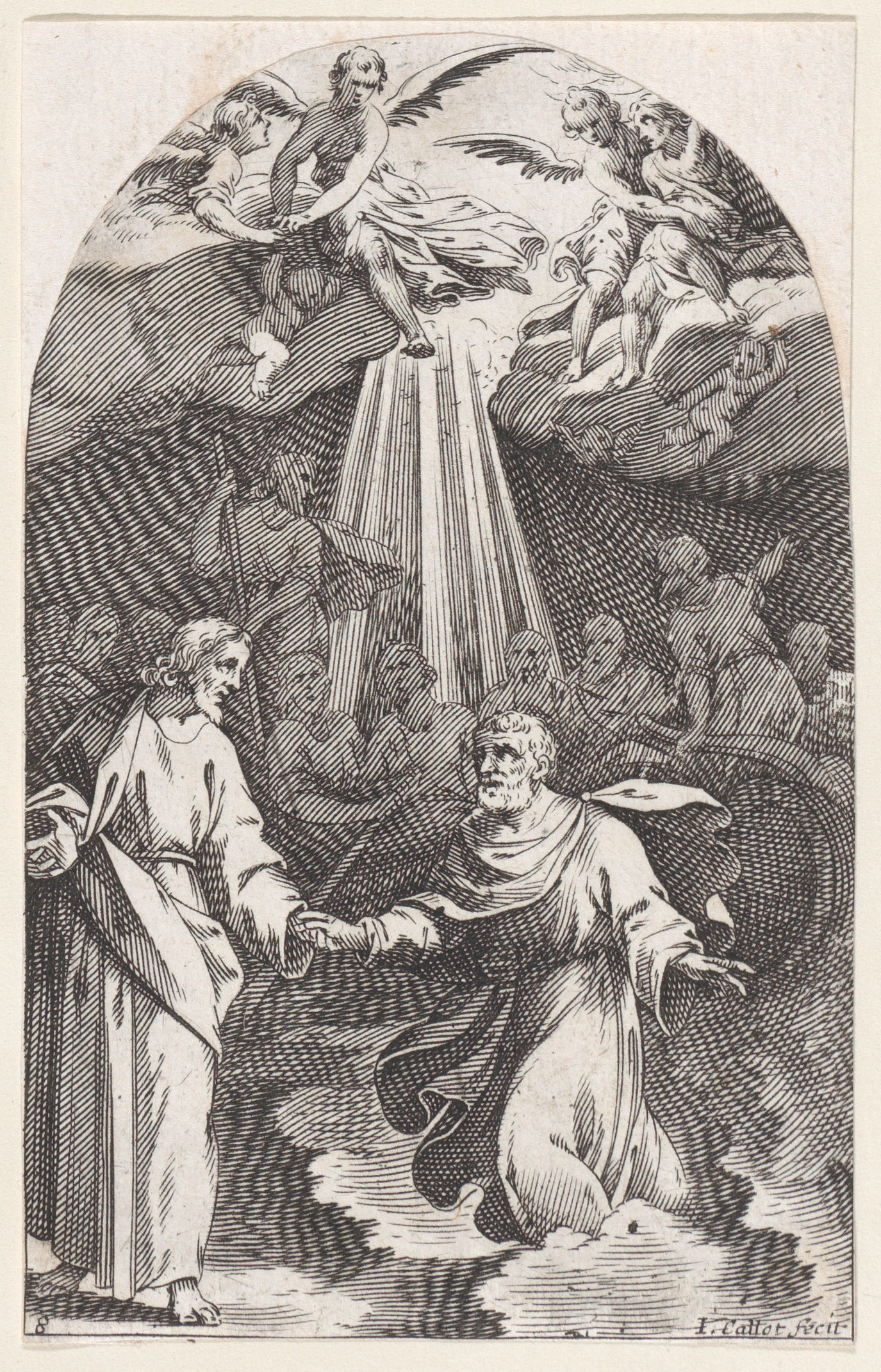 Black-and-white print of Jesus Christ taking the hand of a bearded man, with rays of light coming down from a heaven-like scene above.