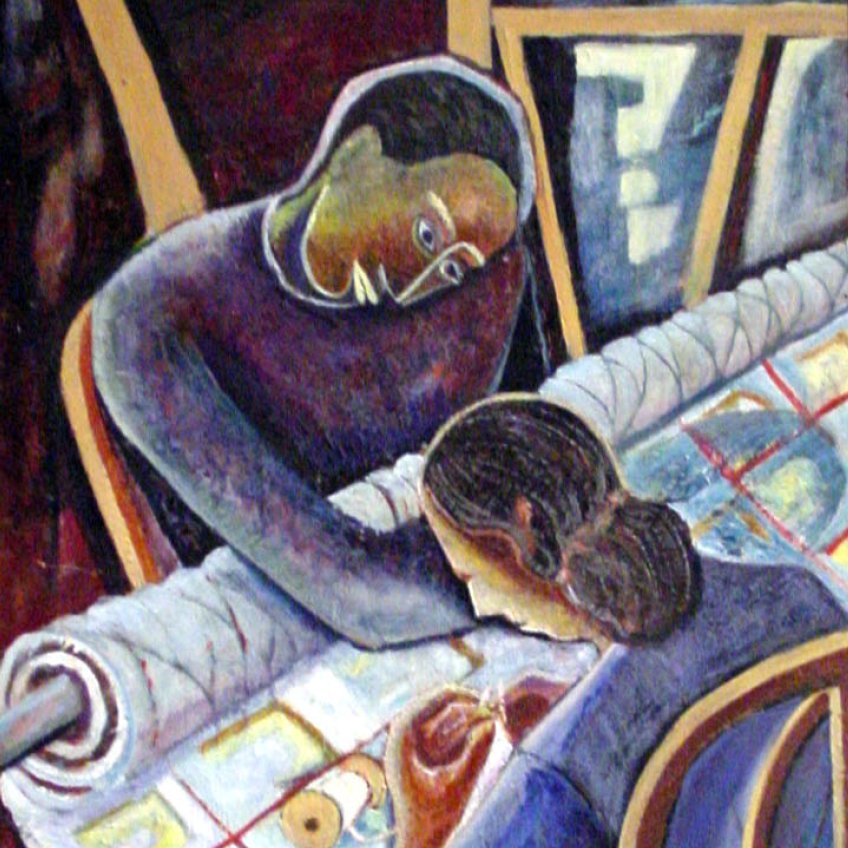 Painting of two figures working on a quilt. They are seen from slightly above, and the quilt slants diagonally across the picture plane; the painting is rendered in a cubist style. 