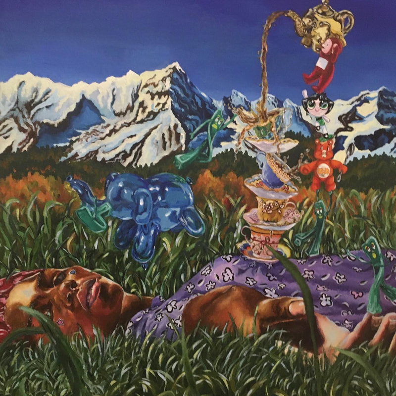 Painting of a Black woman lying in a field of grass with snow-capped mountains behind. Hovering above her are the figures of an inflatable blue elephant, a Teletubby, a PowerPuff Girl, and a Care Bear, pouring tea into a stack of ornamented teacups.