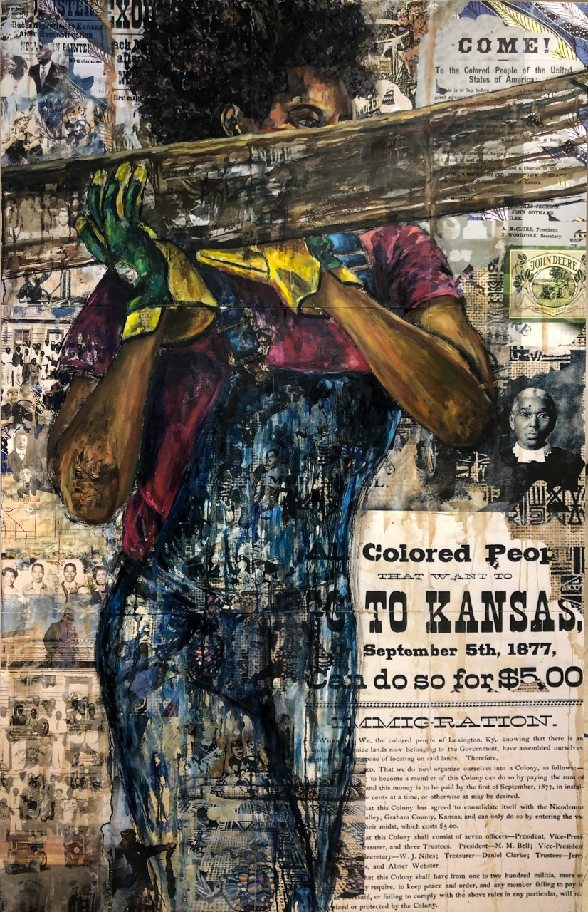 Collaged painting of a Black figure wearing work gloves and carrying a large piece of wood. To the lower left, a clipping reads "Colored People / that want to / go to Kansas / September 5th, 1877, / Can do so for $5.00"