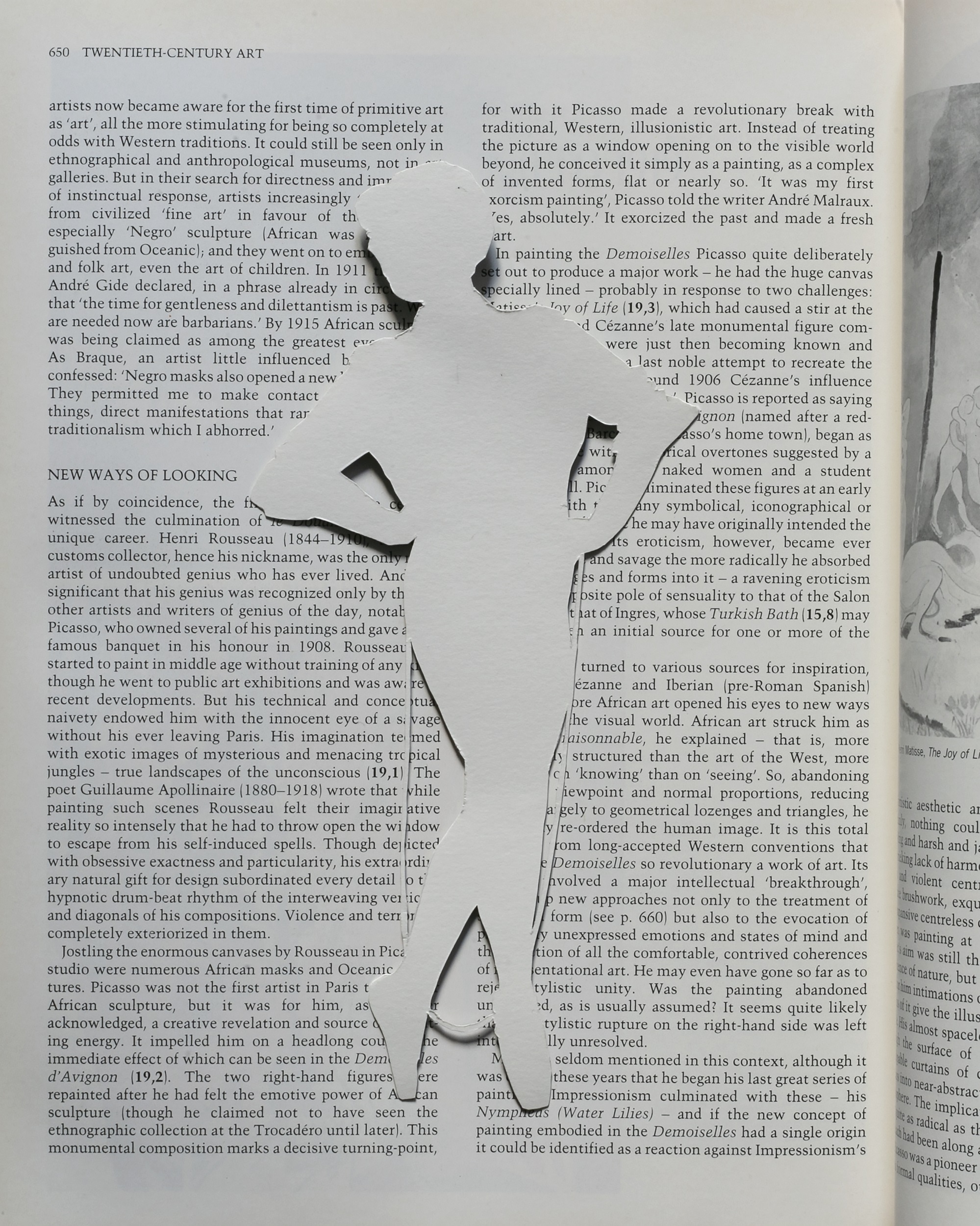 White, silhouetted form of the woman in fig. 3 set against a printed page from an academic text