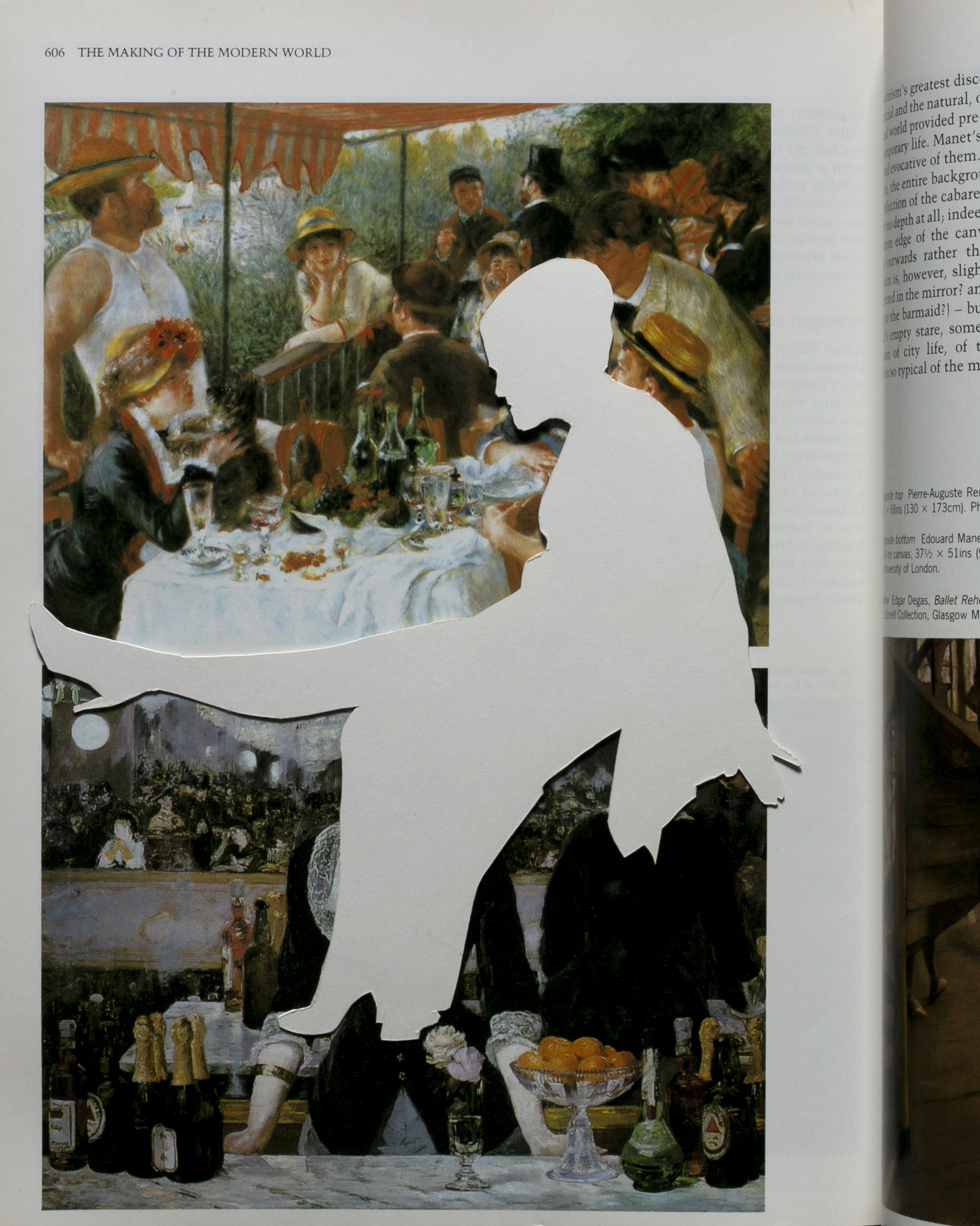 White, silhouetted figure of a seated woman, one leg stretched out in front of her, simperimposed on a page of an art history book that shows both Renoir's "Luncheon of the Boating Party" and Manet's "Bar at the Folies Bergeres"