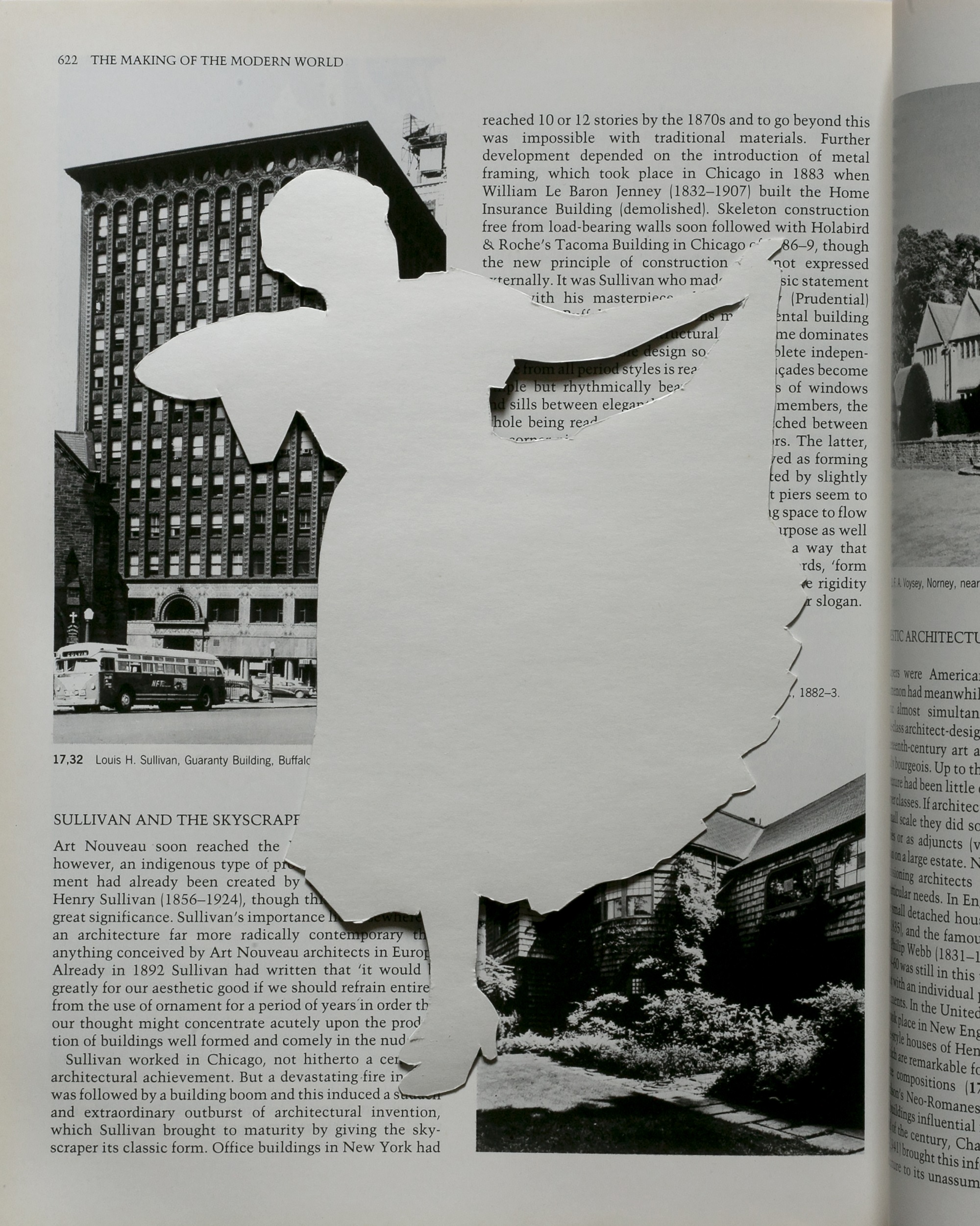 White, silhouetted form of the woman in fig. 4, set against a printed page of an academic text with architectural photos