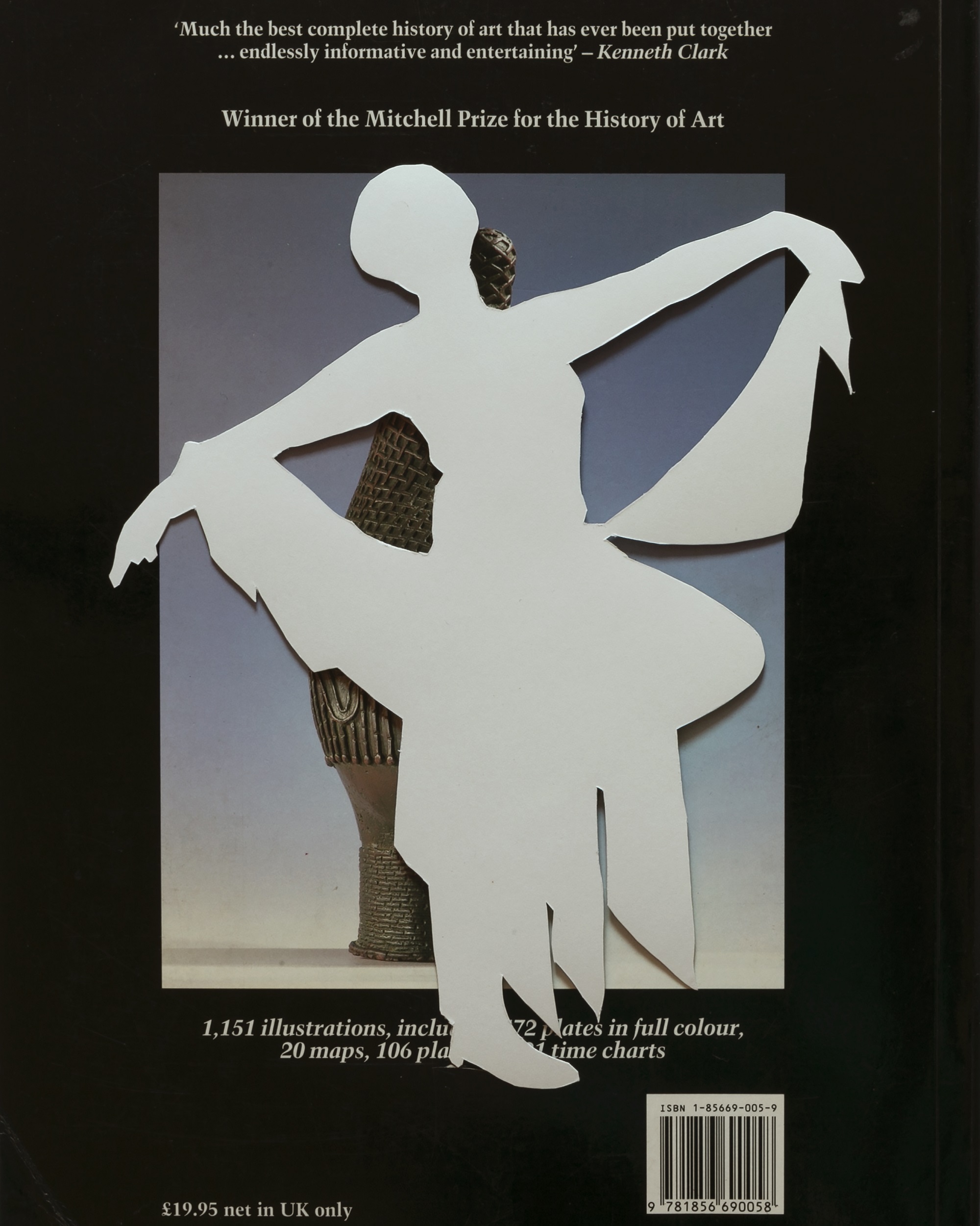 White, silhouetted image of a woman with her arms outstretched, holding up her overskirts, superimposed on the back of an academic art text that reads, in part, "Much the best complete history of art that has ever been put together...endlessly informative and entertaining. —Kenneth Clark."