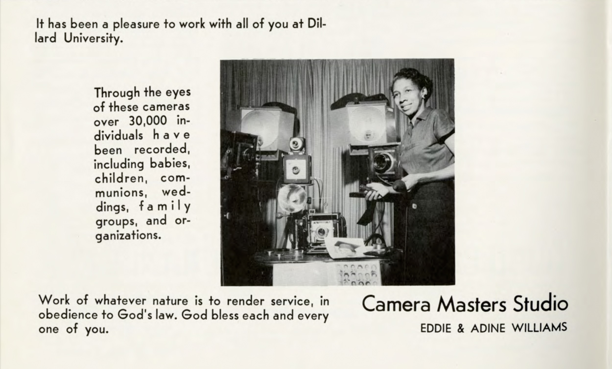 Black-and-white advertisement for Camera Master's Studio (Eddie and Adine Williams) from a Dillard University yearbook; inset is a black-and-white photograph of a Black woman standing to the site of a group of cameras and equipment. 