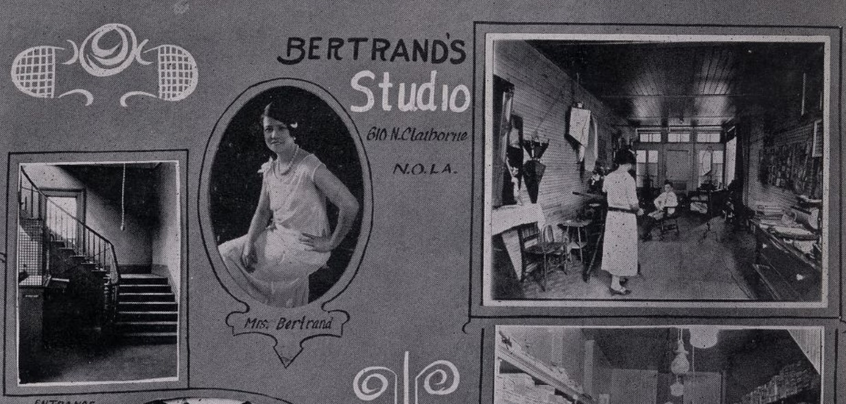 Detail of printed advertisement for "Bertrand's Studio, 616 N. Claiborne / N.O.L.A." Inset are several photographs, including one of a seated woman in a sleeveless dressed labeled "Mrs. Bertrand."