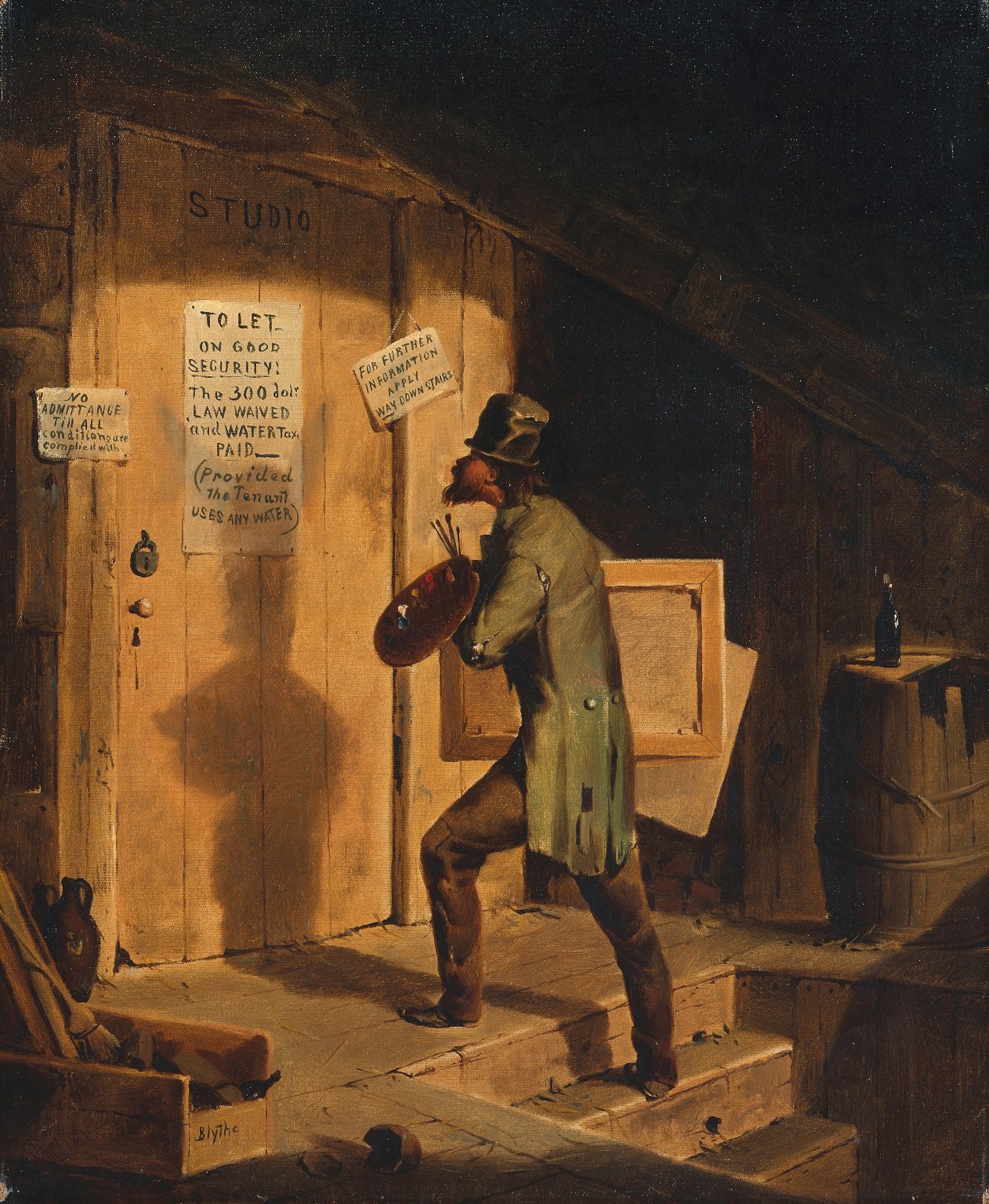 Oil painting of a man in a ragged top hat and coat, holding a painting palette and brushes, looking at a locked wooden door marked "Studio." A sign onthe door reads "To Let - / On good security"