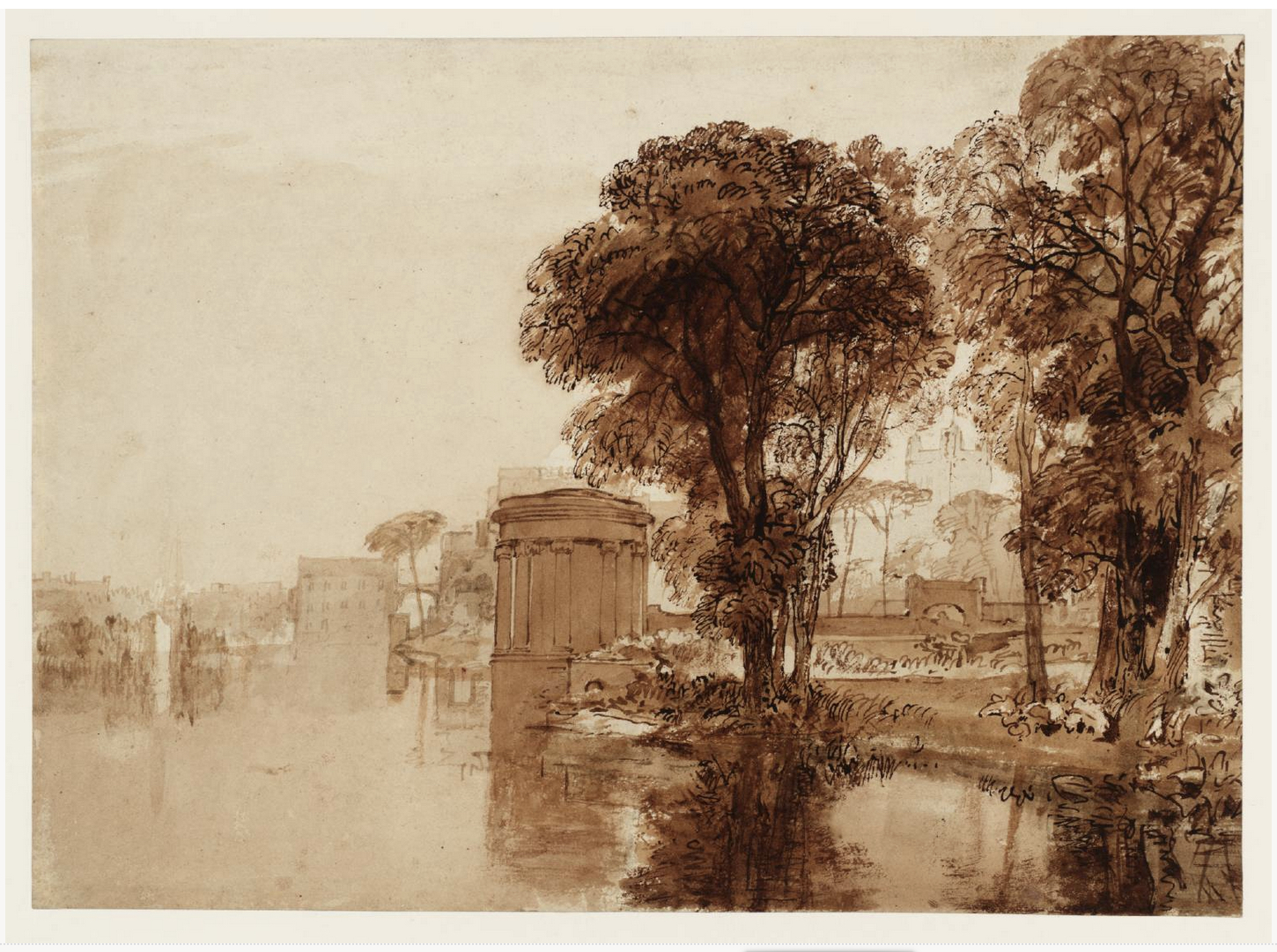 Sepia-toned inkwash drawng of a small body of water with deciduous trees on the right, a classical building with columns in the center, and some vernacular buildings in the distance to the left.