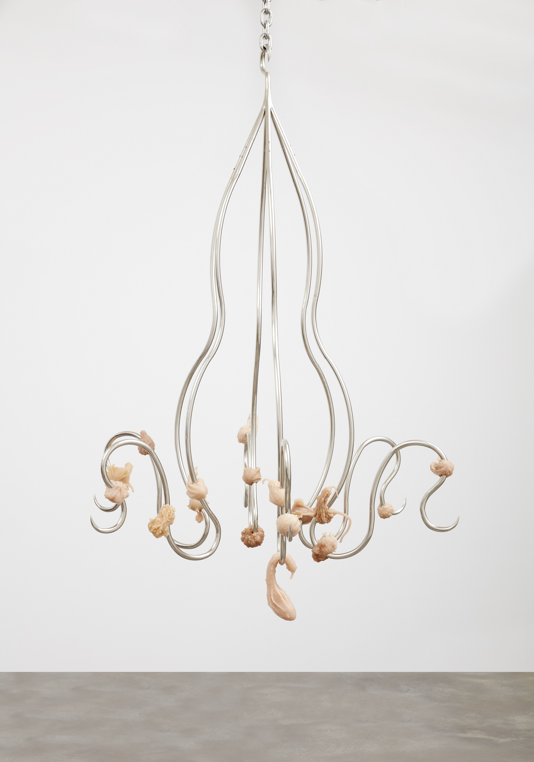 Hanging sculpture in the basic form of a chandelier; instead of lights, irregular pieces of fleshy silicone hang from the ends.
