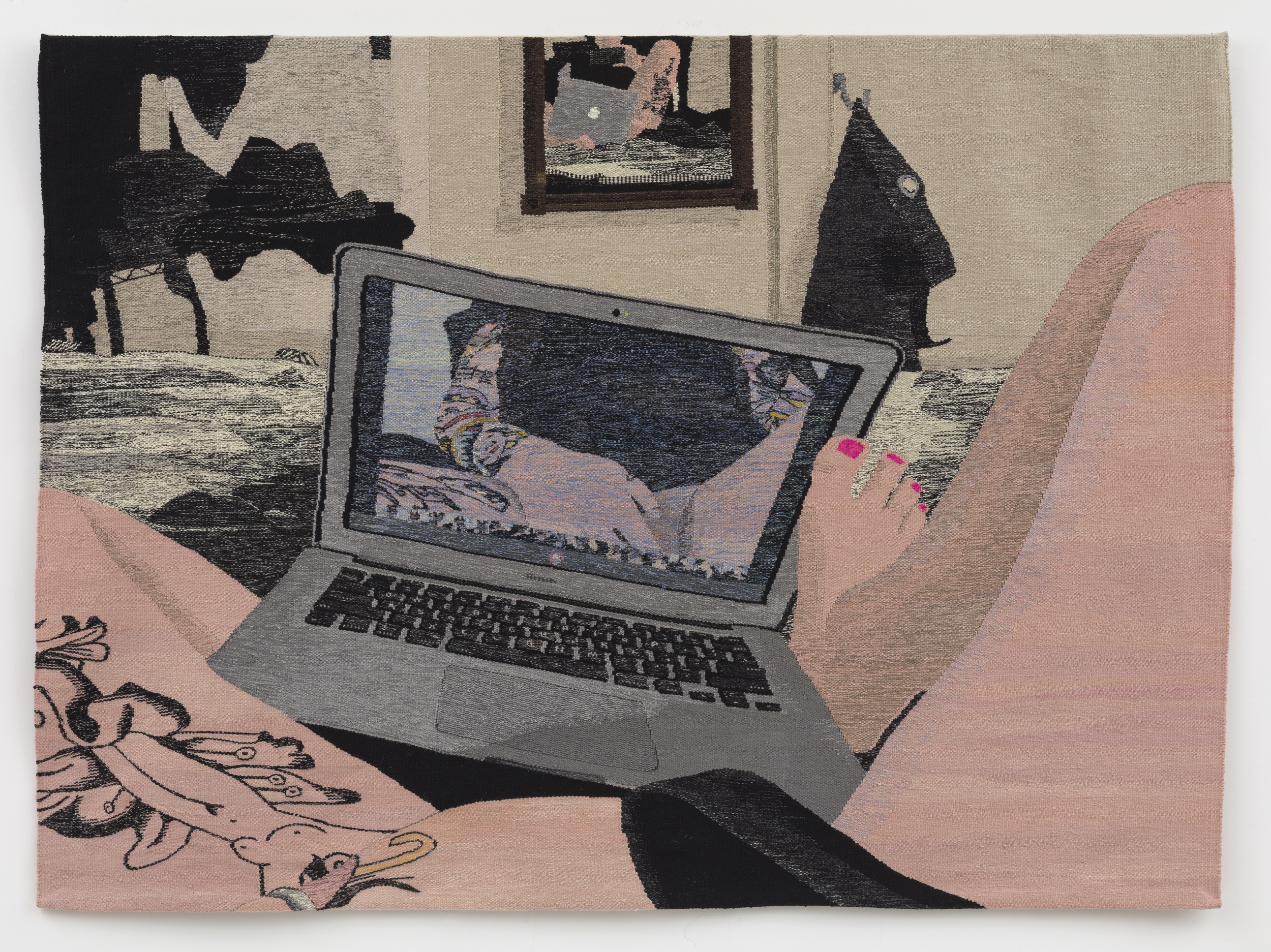Woven tapestry of an open laptop with its front-facing camera on, showing a woman's spread-open legs with her hand between them. The woman's legs and some portions of the surrounding room are visible on the perimeter.