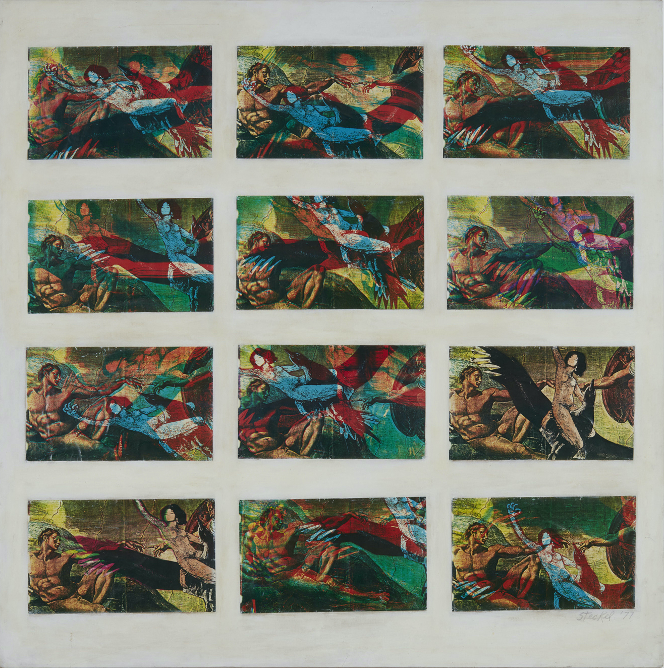 Single sheet with twelve colorful renditions of Michelangelo's "Creation of Man" (or "The Creation") arranged in a grid. Each version is altered in some way to include the figure of a nude woman.