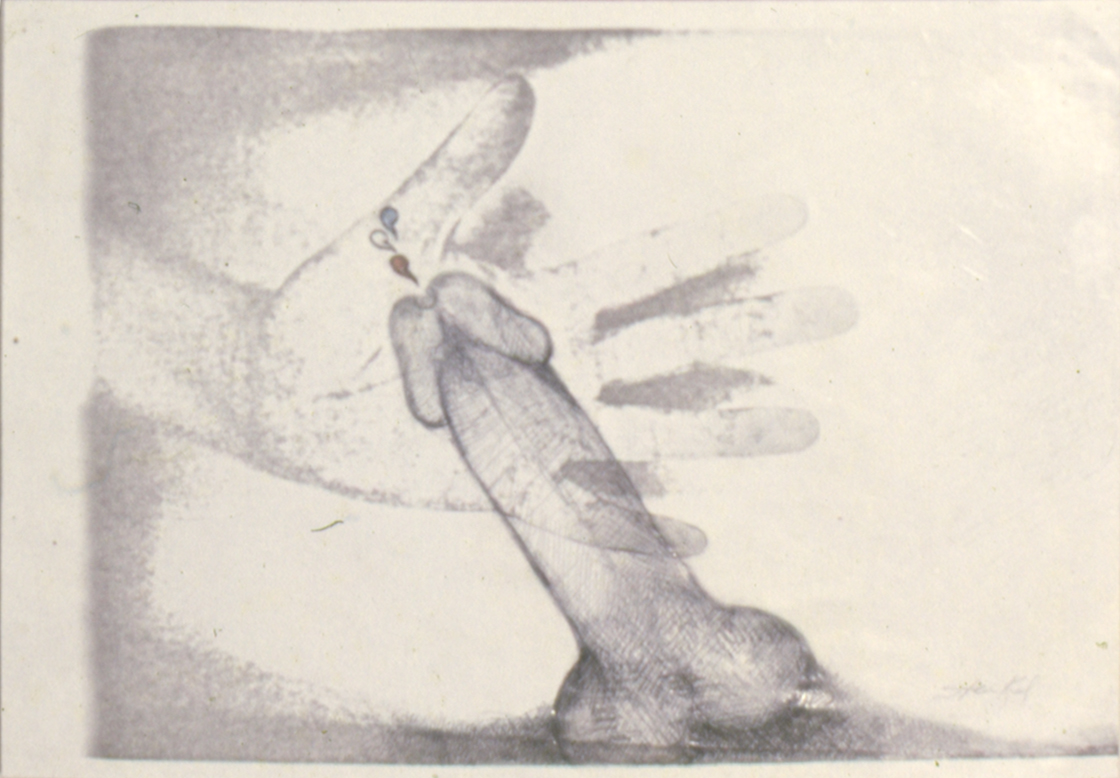 Black-and-white photograph of a work of art featuring a disembodied phallus pointing to the upper left and emitting ejaculate; an open hand is behind it.