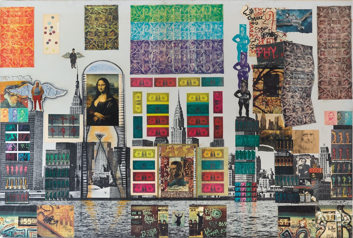 Colorful collage featuring multiple recognizable images: The Mona Lisa, the Empire State Building, dollar bills, and more.