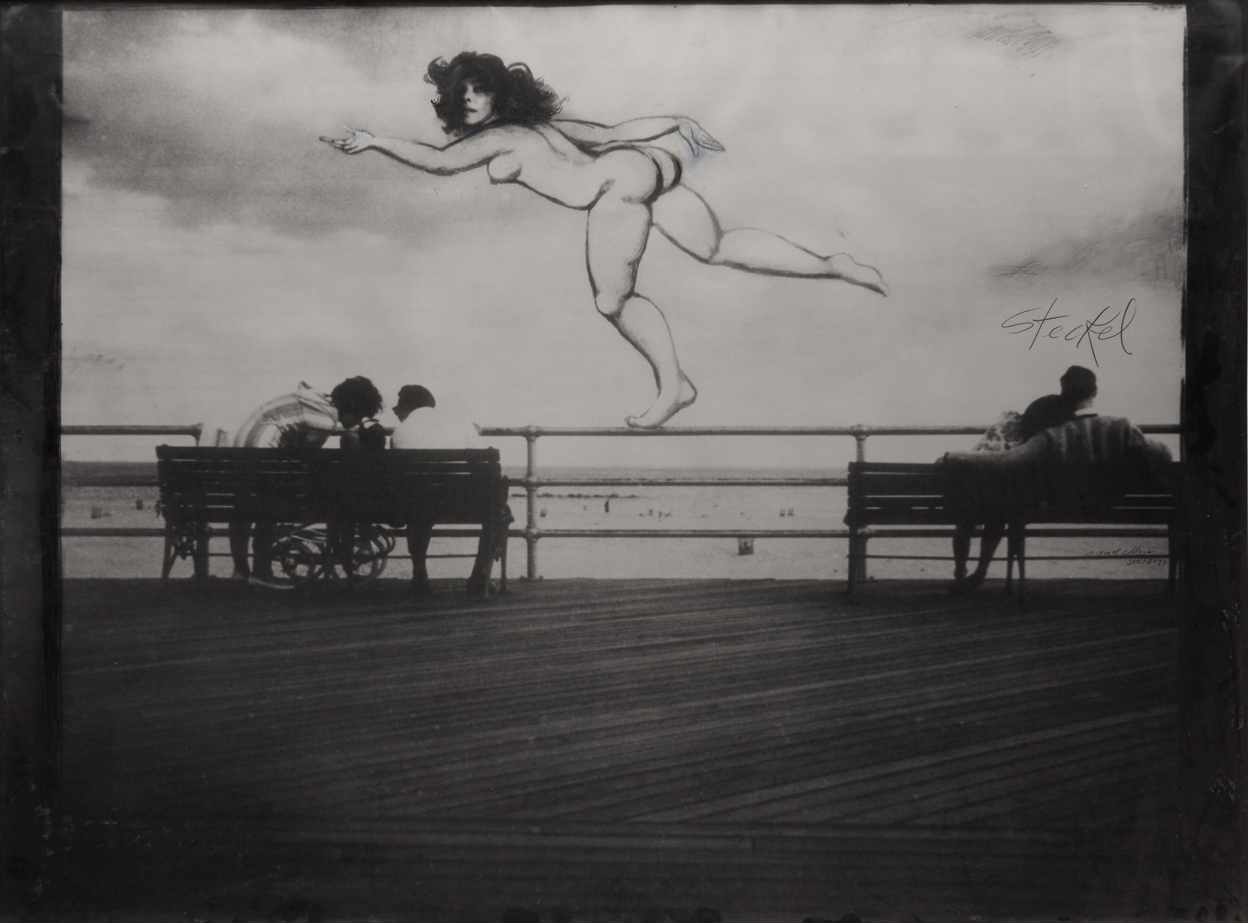 Collaged black-and-white photograph of figures sitting and reclining on park benches on a boardwalk in front of a body of water. Balancing on the barricade on one foot is a larger-than-life-size image of a nude woman in an arabesque