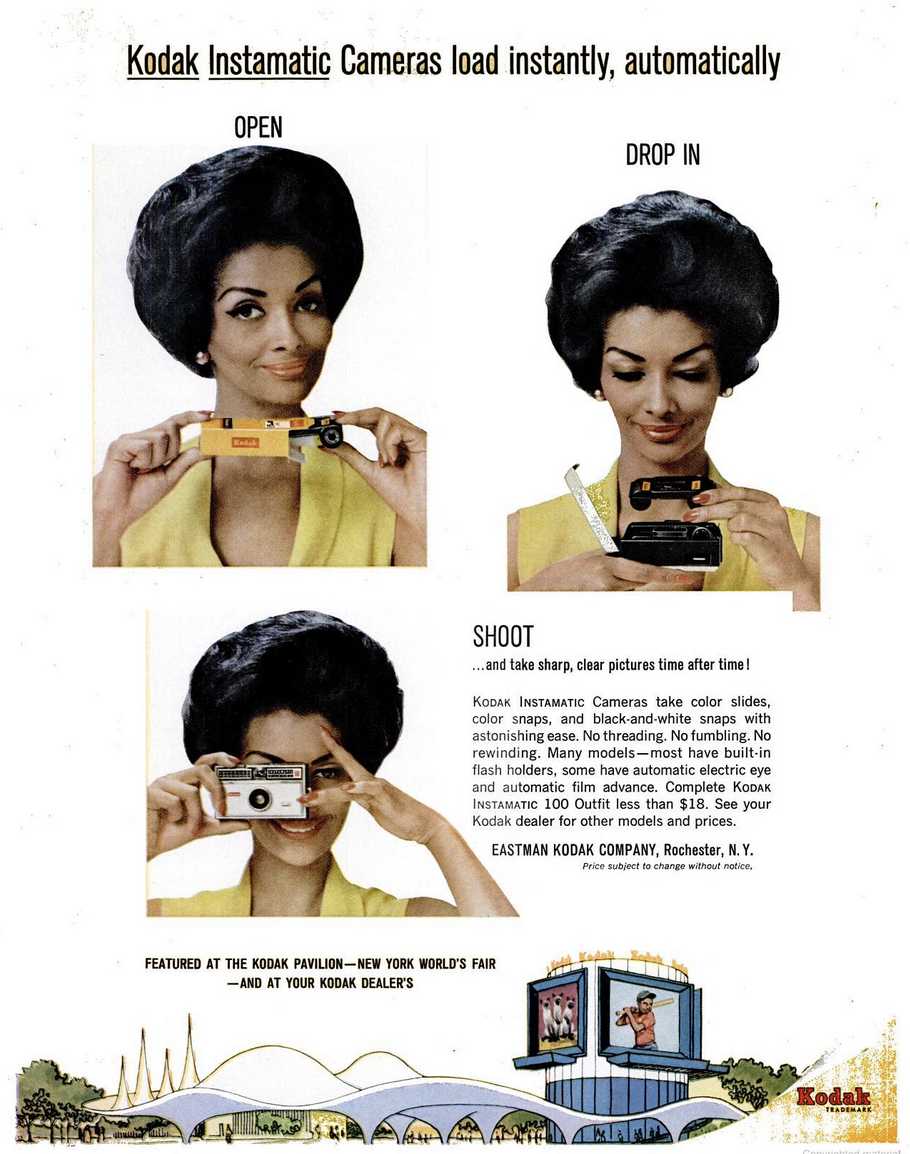 Magazine advertisement for Kodak Instamatic Cameras, showing three photographs of the same Black woman holding, loading, and using the camera.