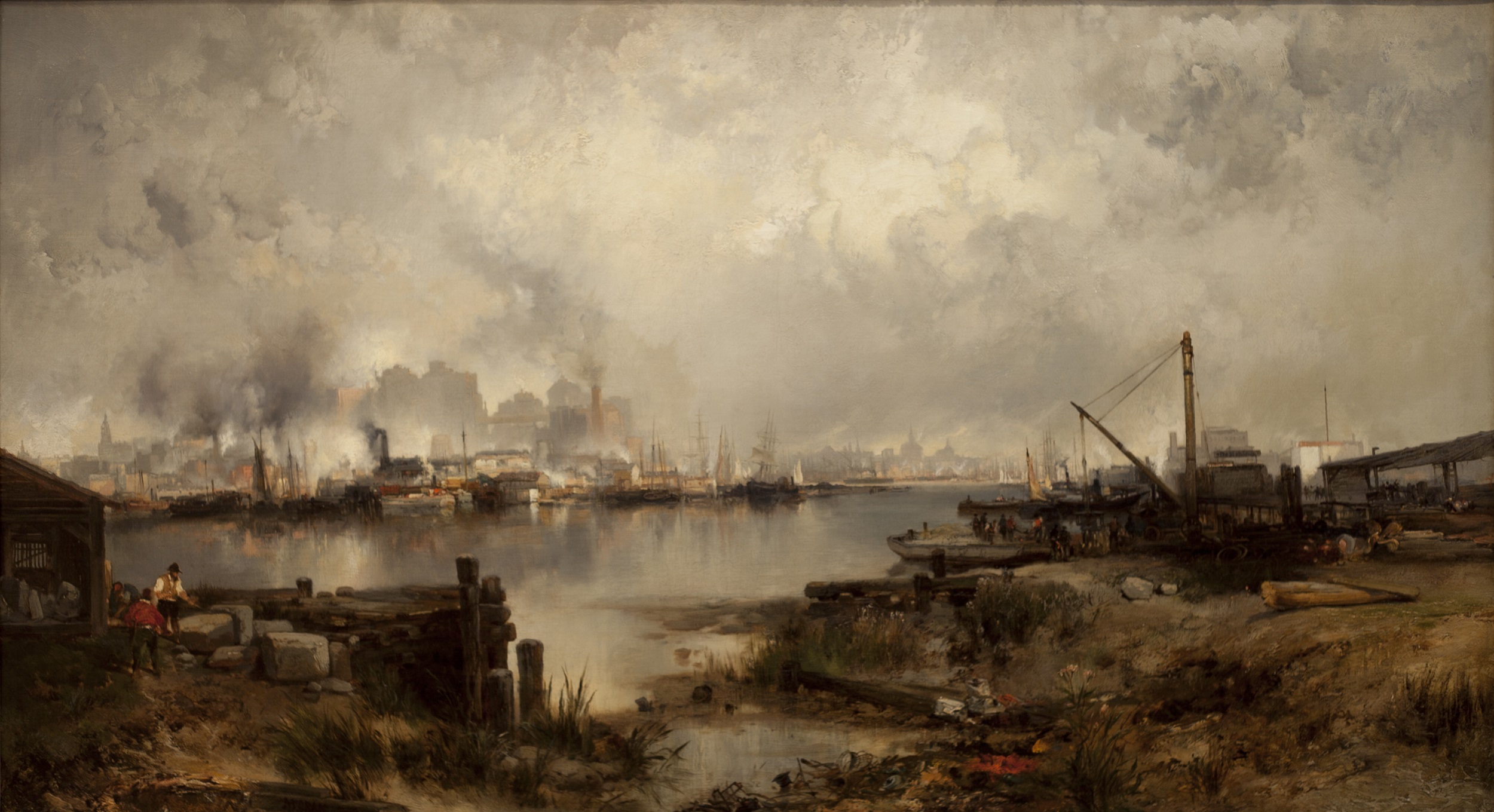 Oil painting of an industrial city seen from across a harbor. Puffs of smoke from the chimneys merge into gray clouds above. 