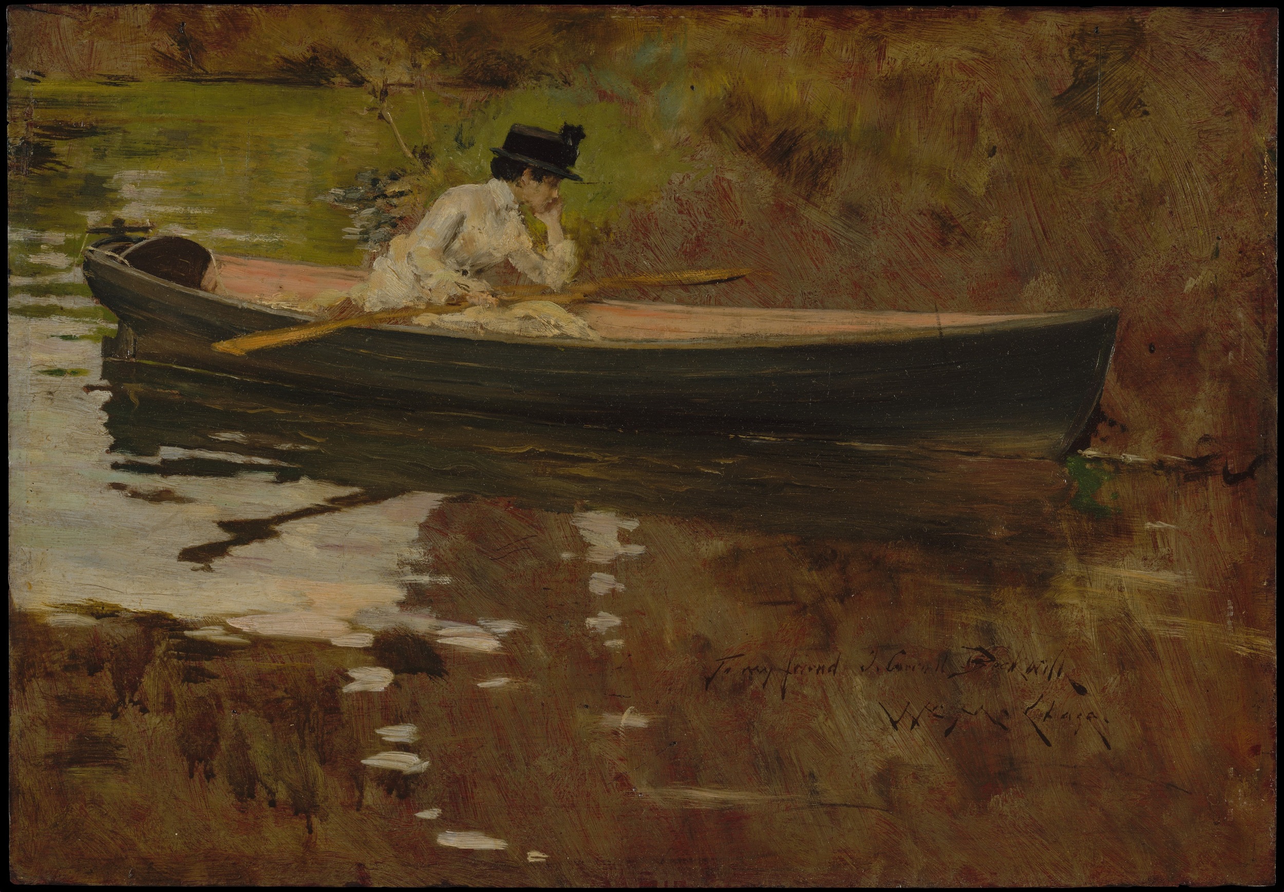 Oil painting of a woman in a rowboat surrounded by grasses and bush; no horizon line is visible. The woman wears a white dress and black hat and leans her chin on one hand.