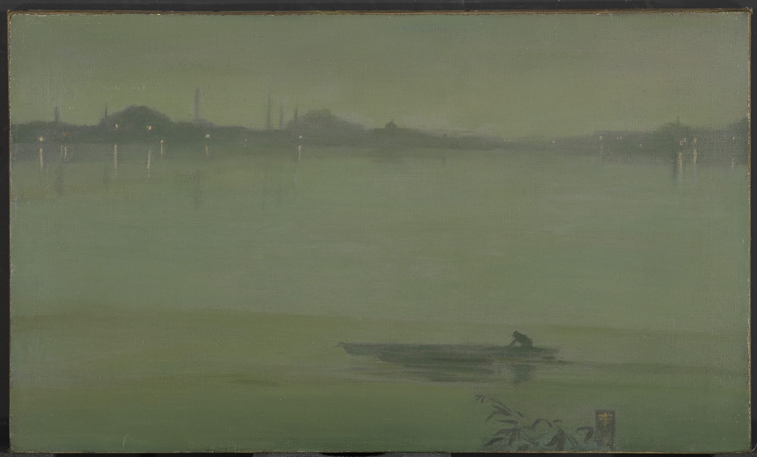 Oil painting of a distant shore silhouetted against a yellow-gray sky, with lights in the buildings reflecting off the water. In the foreground is a silhouette of a figure in a low rowboat.