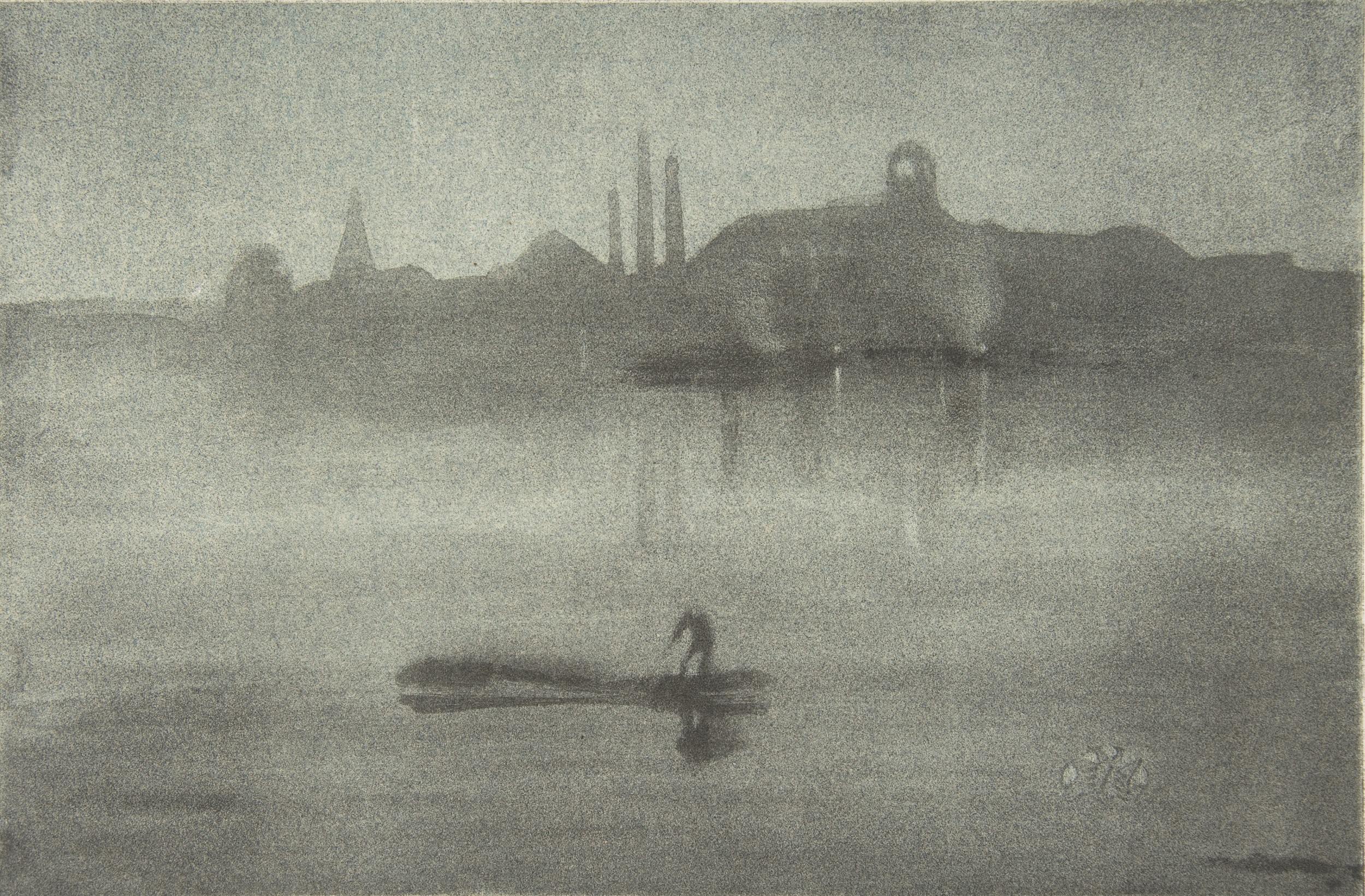 Black-and-white print of a distant shore silhouetted against a twilight sky, with three prominent smokestacks in the center. In the foreground is a silhouette of a figure standing in a low rowboat.