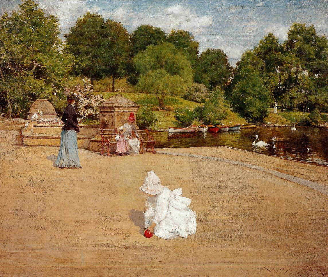 Impressionistic oil painting of a park with a broad paved pavilion in the foreground, on which a small child in a white dress plays with a red ball. Several other figures are behind her, as is a pond with swans, and a grove of leafy green trees.
