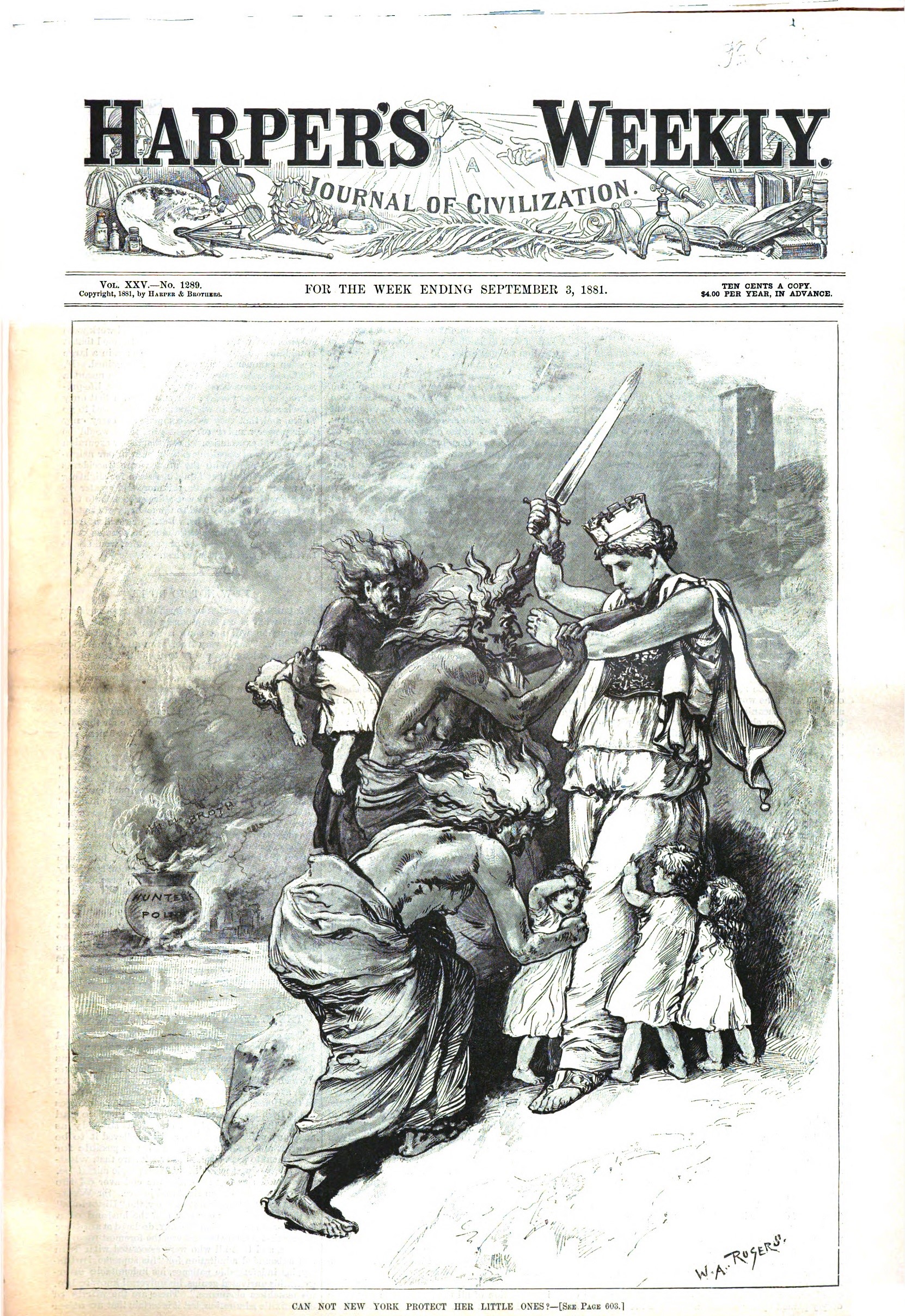 Cover of Harper's Weekly for September 3, 1881, showing the masthead above an illustration with the same characters as fig. 18. Here there is no cauldron, and small children cling to the legs of the woman in white as the witches attack them.