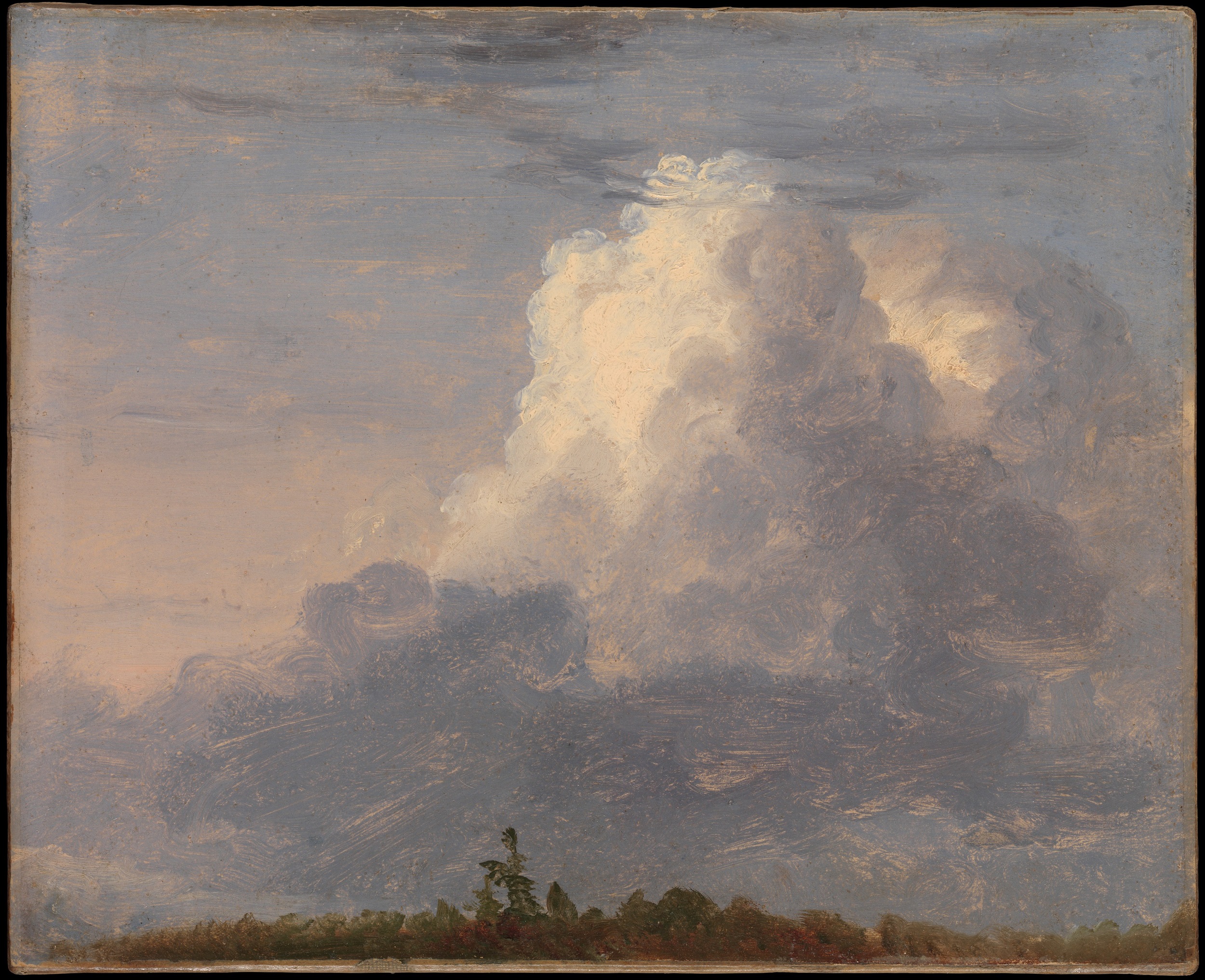 Oil painting of a tall, fluffy cloud formation against a sky at dawn or twilight, with the suggestion of distant green trees below