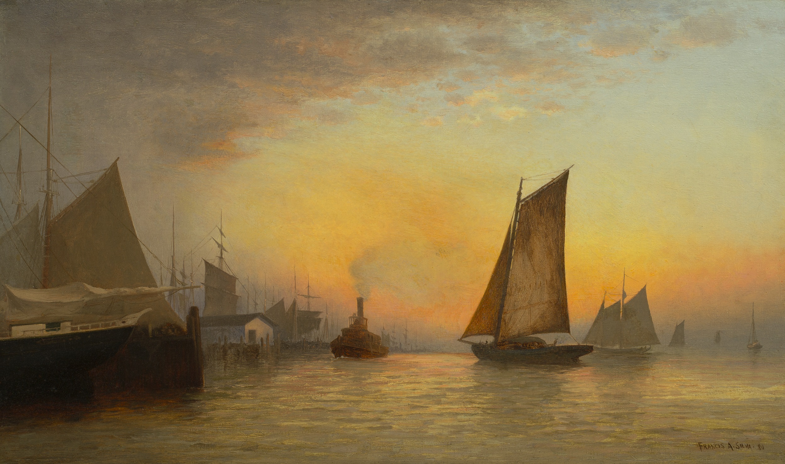 Oil painting of a harbor at sunset or sunrise, with several sailing ships and a steamboat with smoke coming out of its stack. The sky is a golden orange hue with a cloud formation to the left.