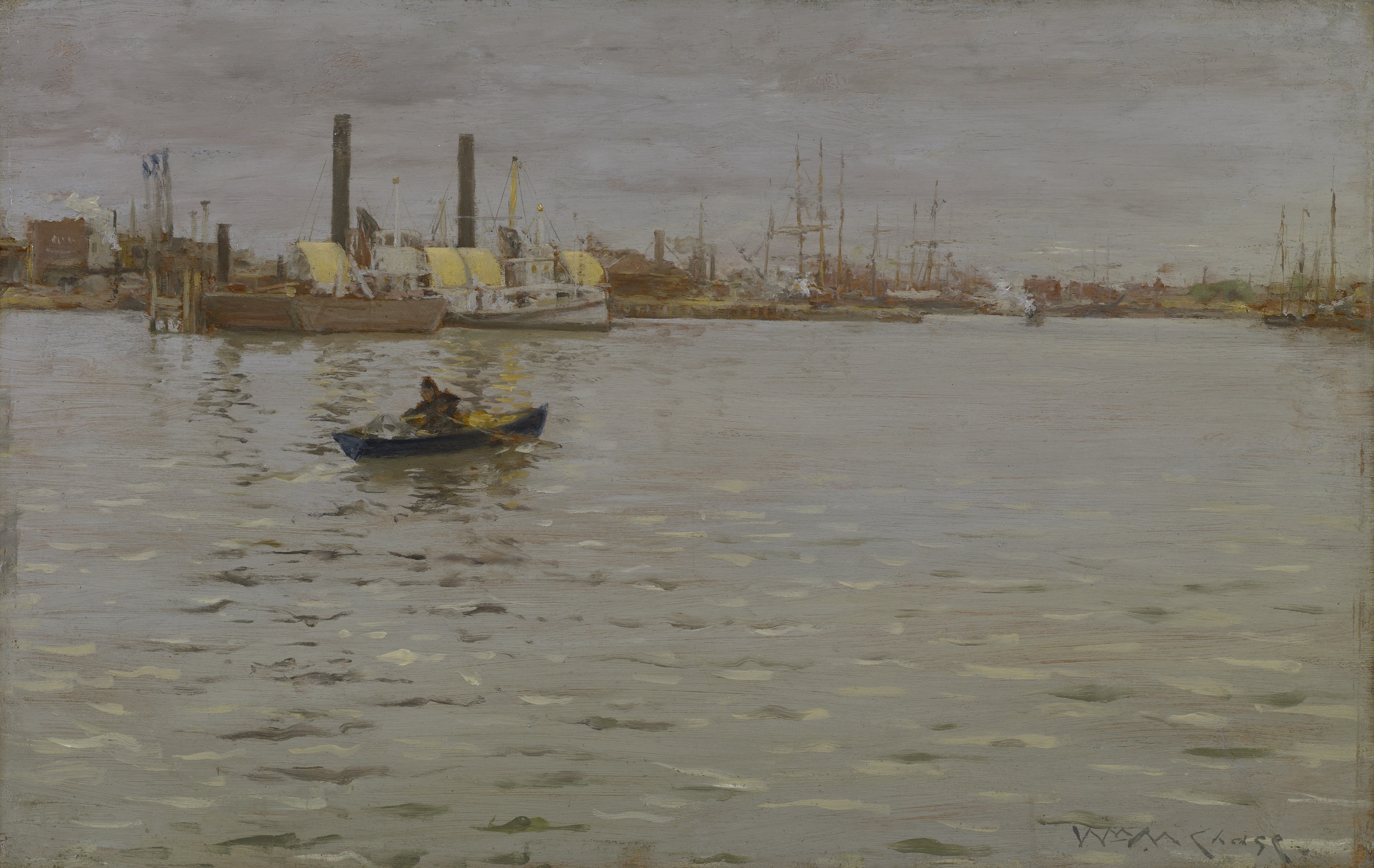 Impressionistic oil painting of an industrial city seen across a body of water. The silhouette of a figure in a rowboat is visible center left.