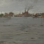 Impressionistic oil painting of an industrial city seen across a gray body of water. Smoke coming out of the chimneys merges with the gray sky.