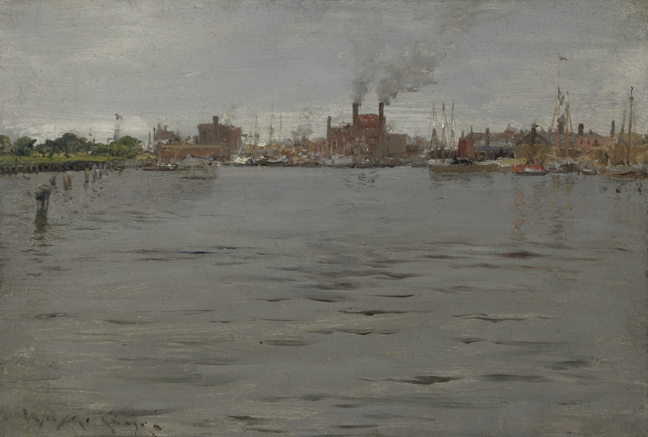 Impressionistic oil painting of an industrial city seen across a gray body of water. Smoke coming out of the chimneys merges with the gray sky.