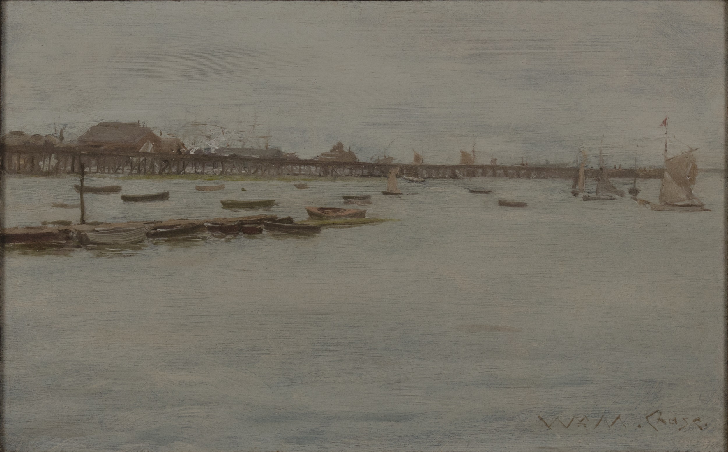Impressionistic painting of a harbor with a long, elevated wooden pier, and a shorter one in front of it. Both the water and the sky are gray.