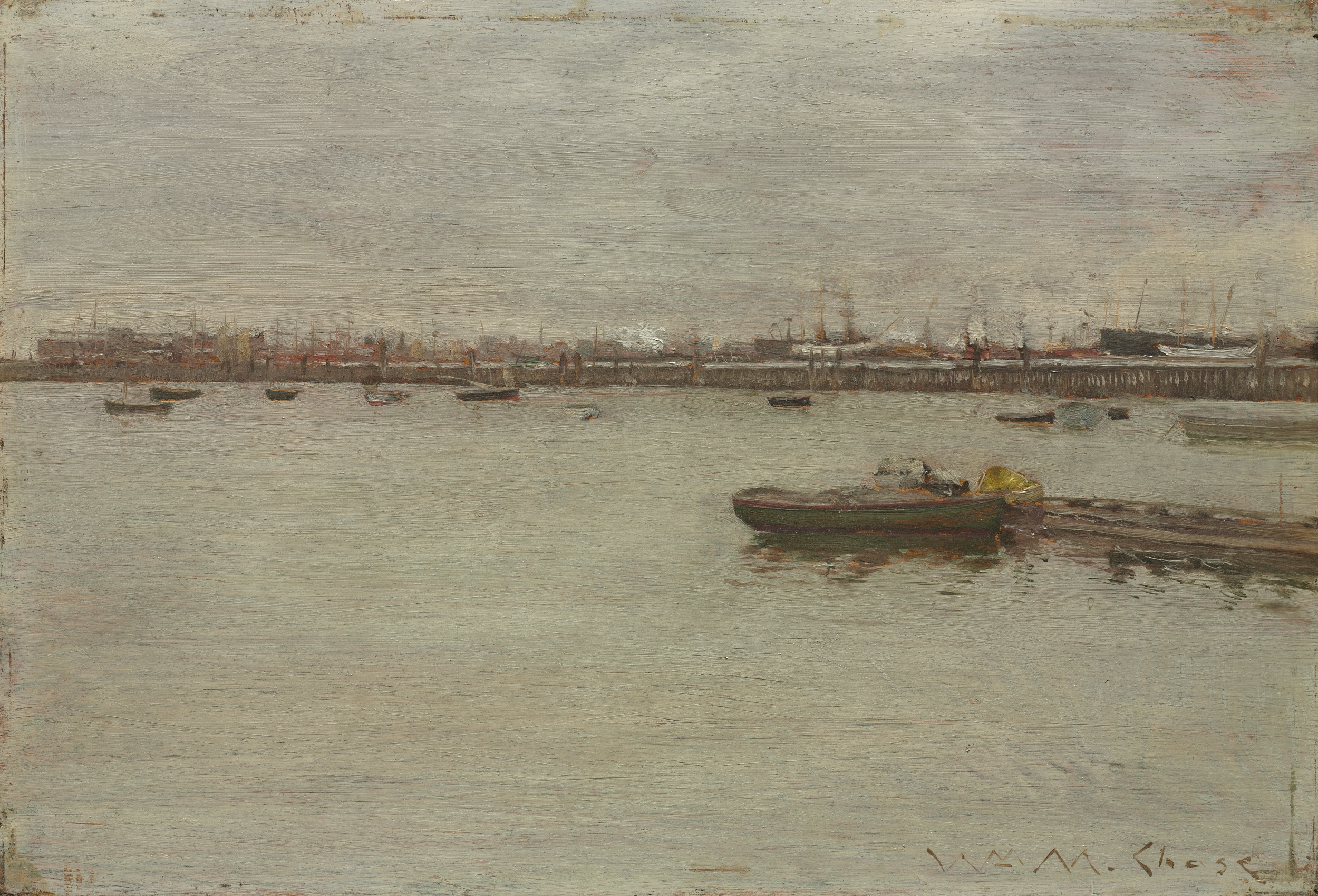 Impressionistic oil painting of a port town seen across a gray body of water, with a gray sky above. A small pier and a green-painting dinghy are visible center right.