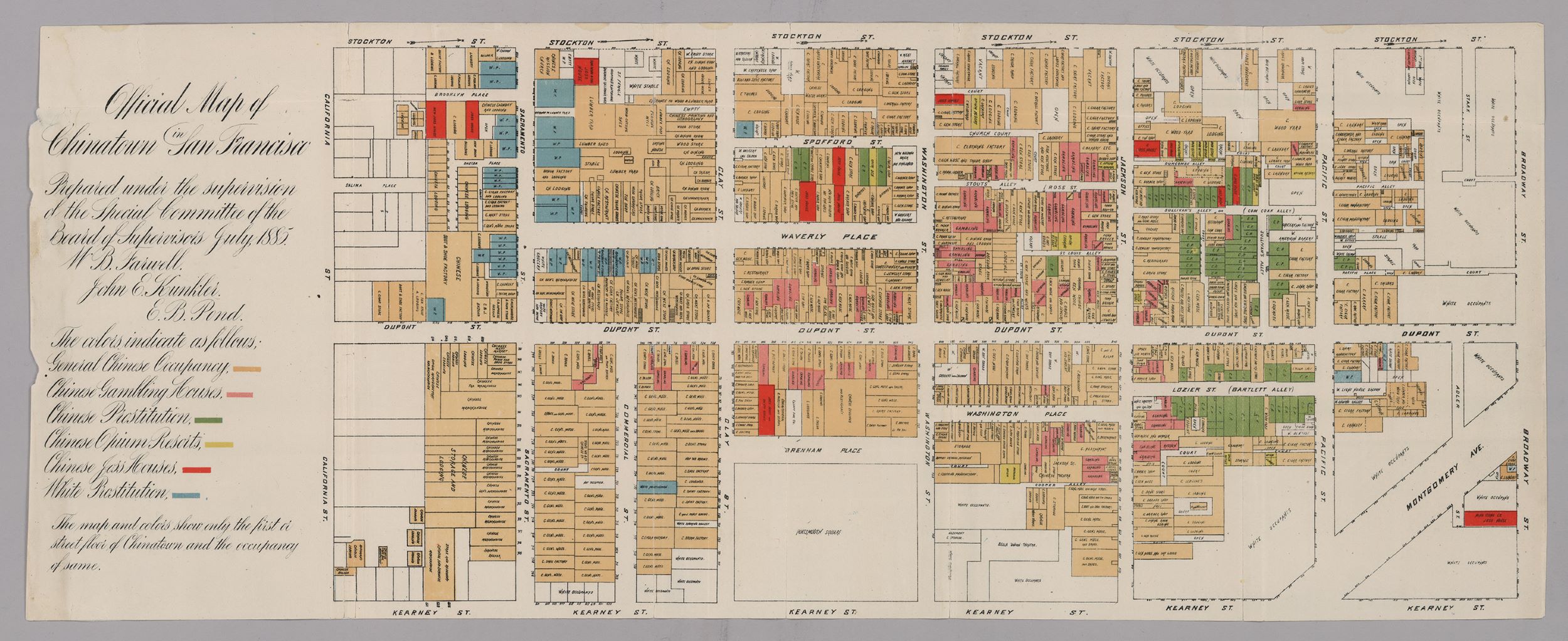 City map in a horizontal format, with buildings designated in orange, red, blue, green, and pink. The legend on the left is titled "Official Map of / Chinatown San Francisco"