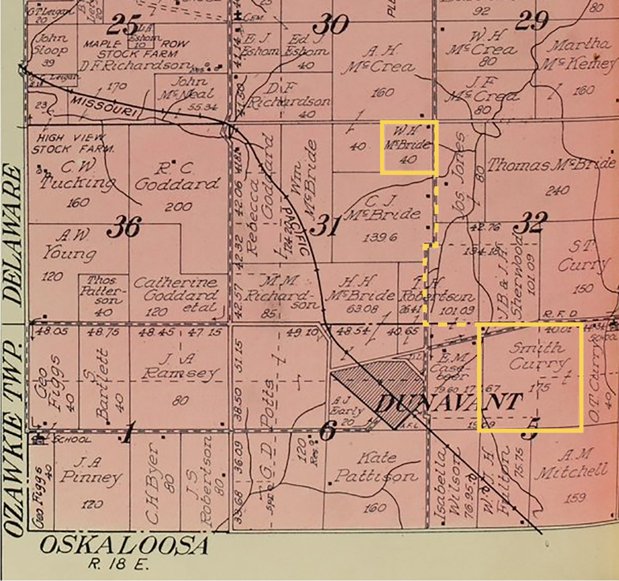 Detail of fig. 1, showing red highlight around properties labeled "W. H. McBride" and "Smith Curry," with a dotted yellow line connecting them.