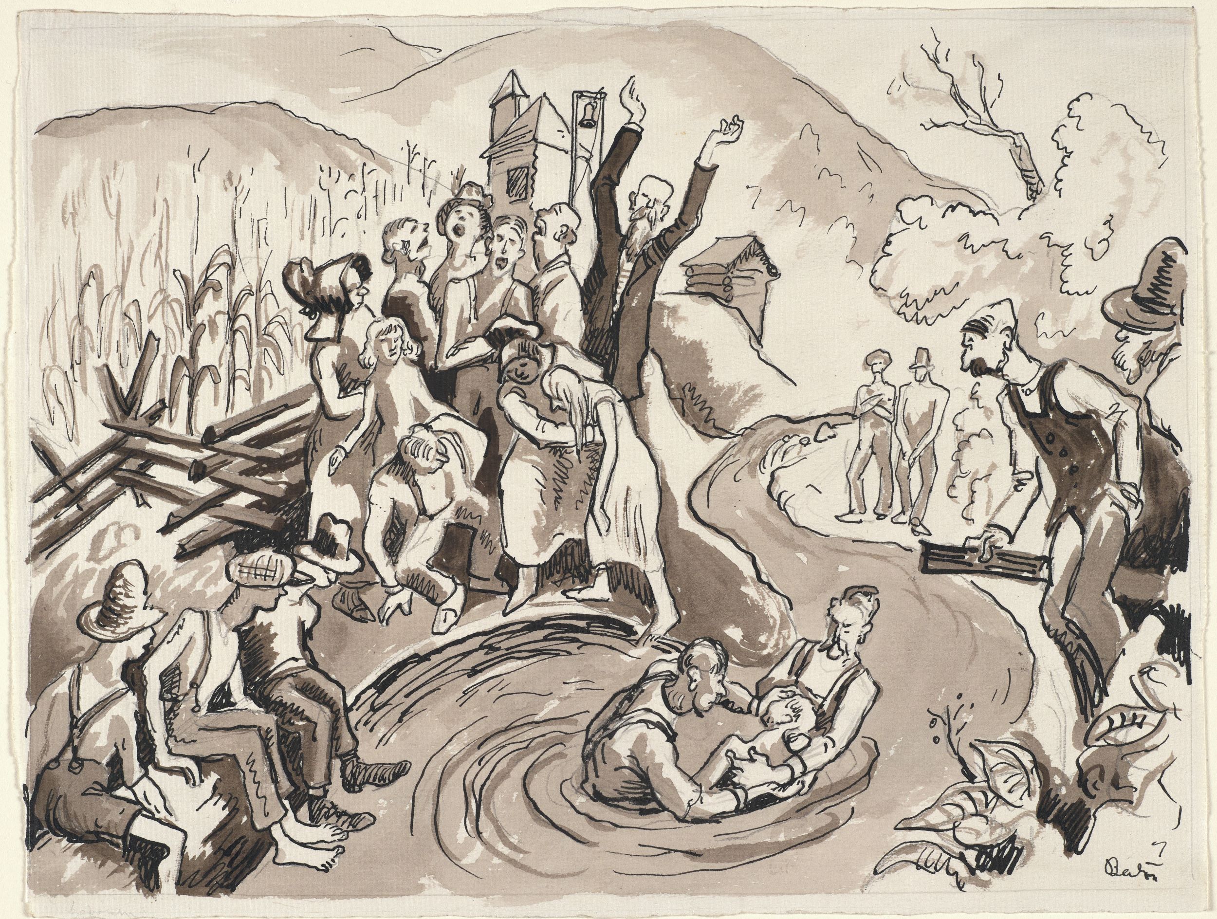 Black-and-white ink drawing of a woman being baptized in a river by two men in overalls, while observers on the banks make expressive gestures. Behind them are cornfields, low hills, and a steepled church.