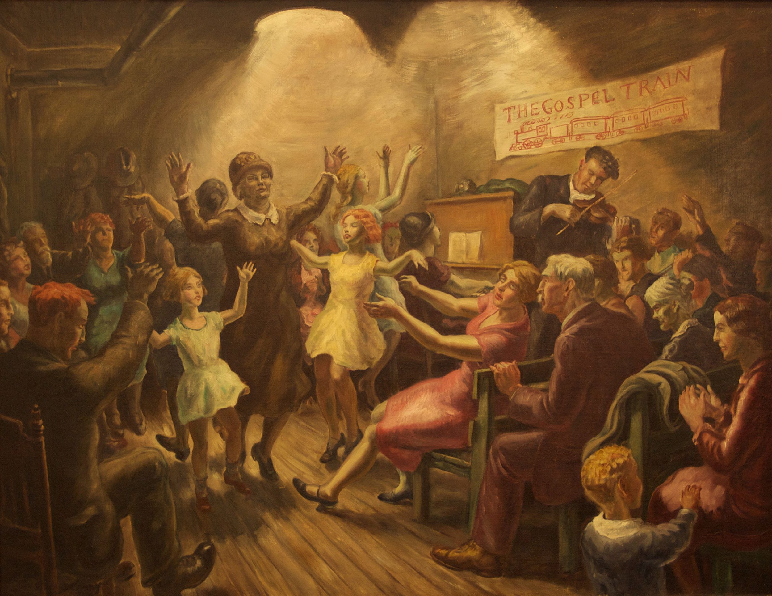 Oil painting showing a dimly lit interior with adults and children dancing and playing music on a piano and fiddle. A sign on the wall to the right reads "The Gospel Train" and features a simple illustration of an engine pulling four train cars.