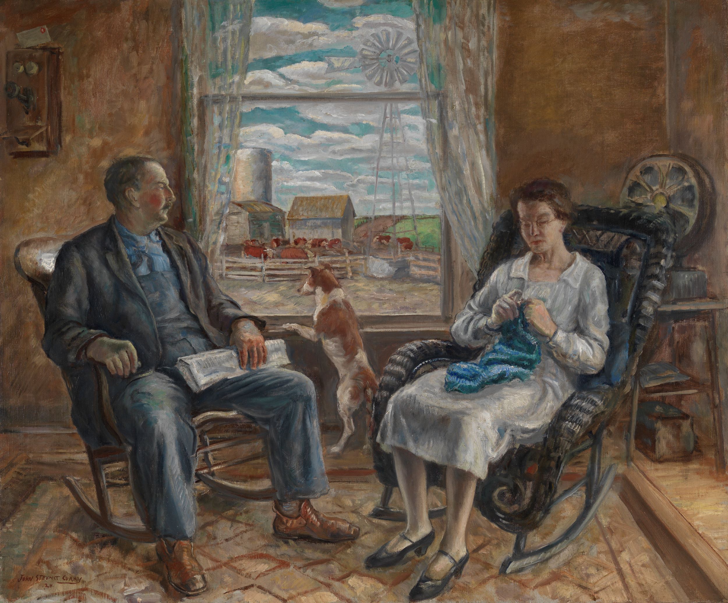 Oil painting showing a man, holding a newspaper, and woman, knitting, seated in two rocking chairs, with the window between them looking out onto a farmyard and windmill. A brown-and-white dog looks out the window, his front paws on the sill.