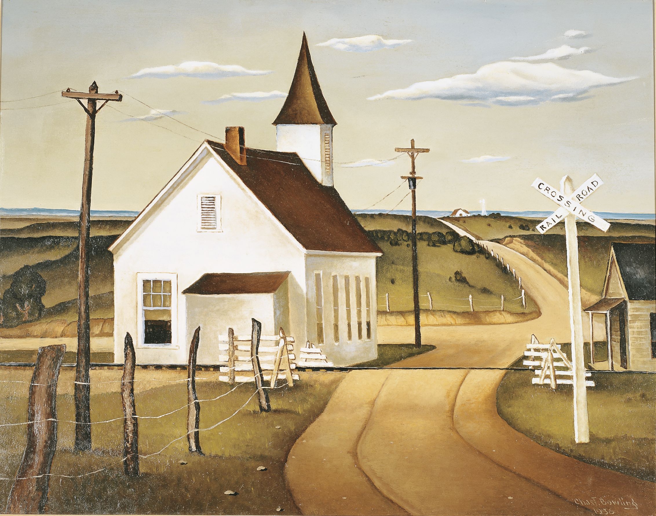 Oil painting of a white steepled church at the intersection of two rural roads, just beyond a railroad crossing. 